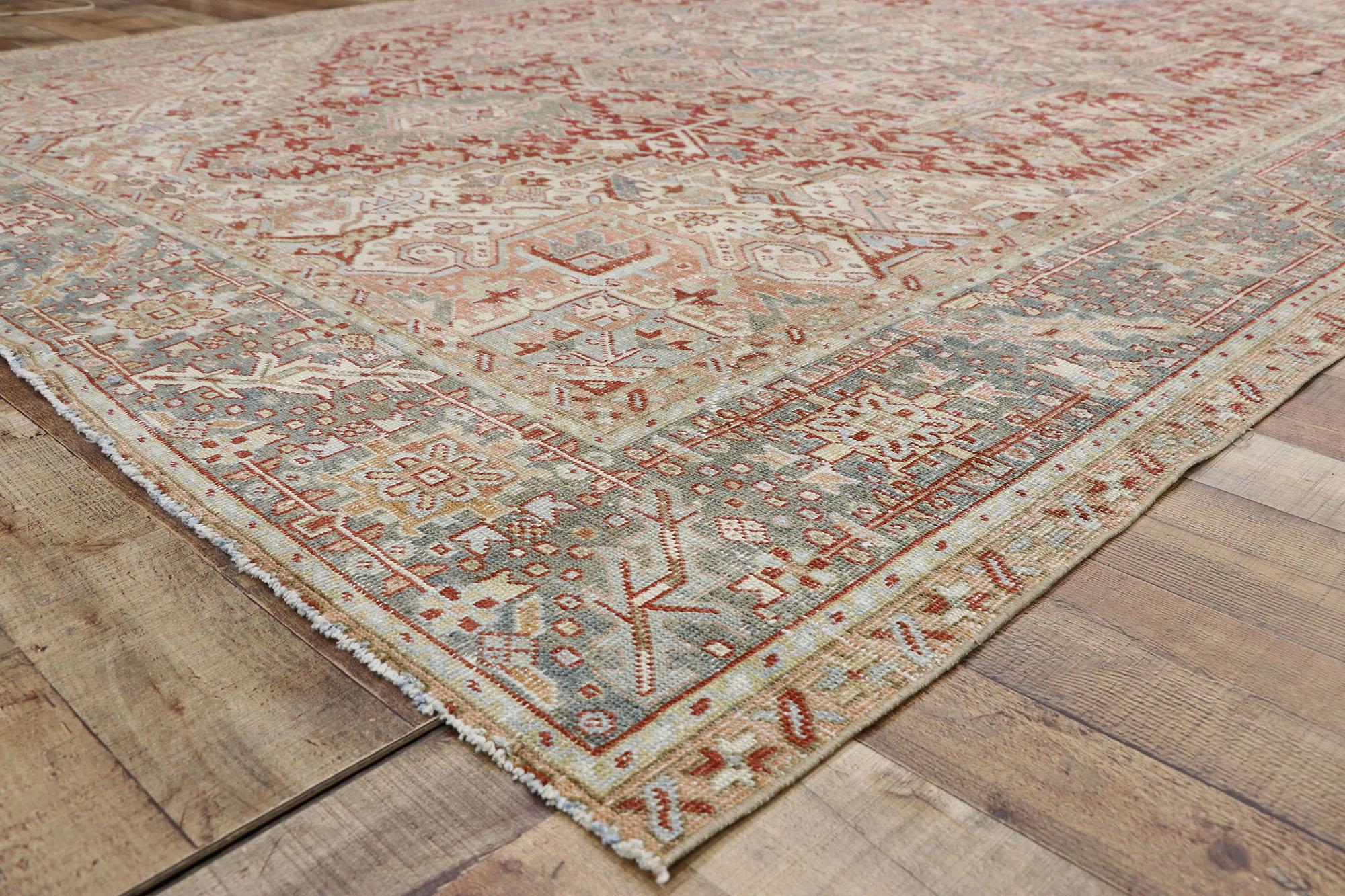 Distressed Antique Persian Heriz Rug, Modern Rustic Meets Patriotic Flair In Distressed Condition For Sale In Dallas, TX