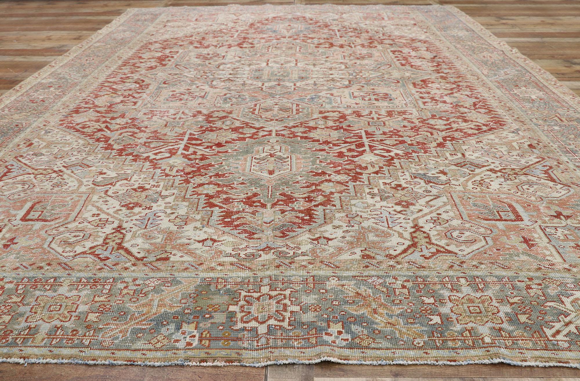 20th Century Distressed Antique Persian Heriz Rug, Modern Rustic Meets Patriotic Flair For Sale