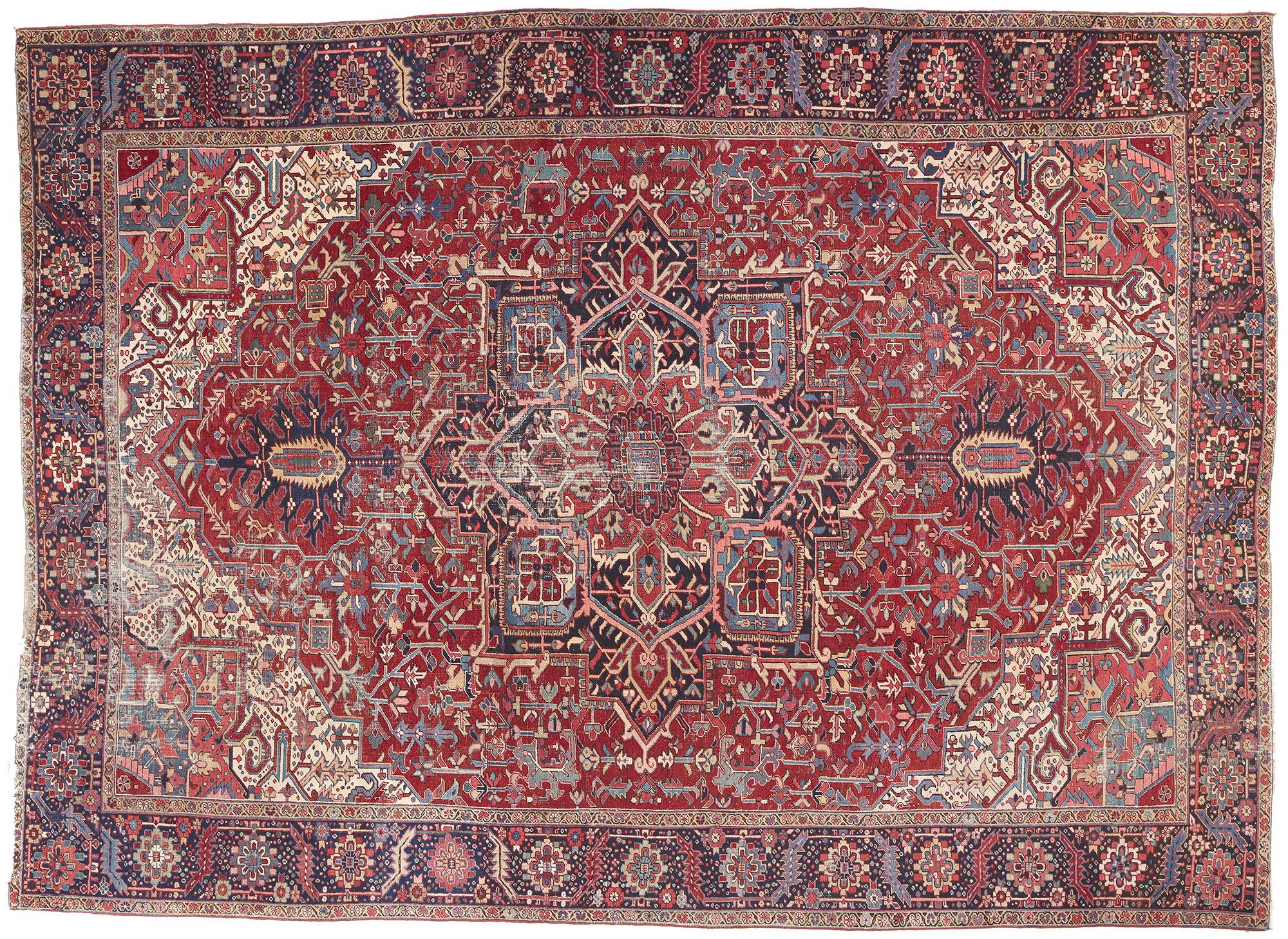 Distressed Antique Persian Heriz Rug, Rustic Finesse Meets Patriotic Flair For Sale 2