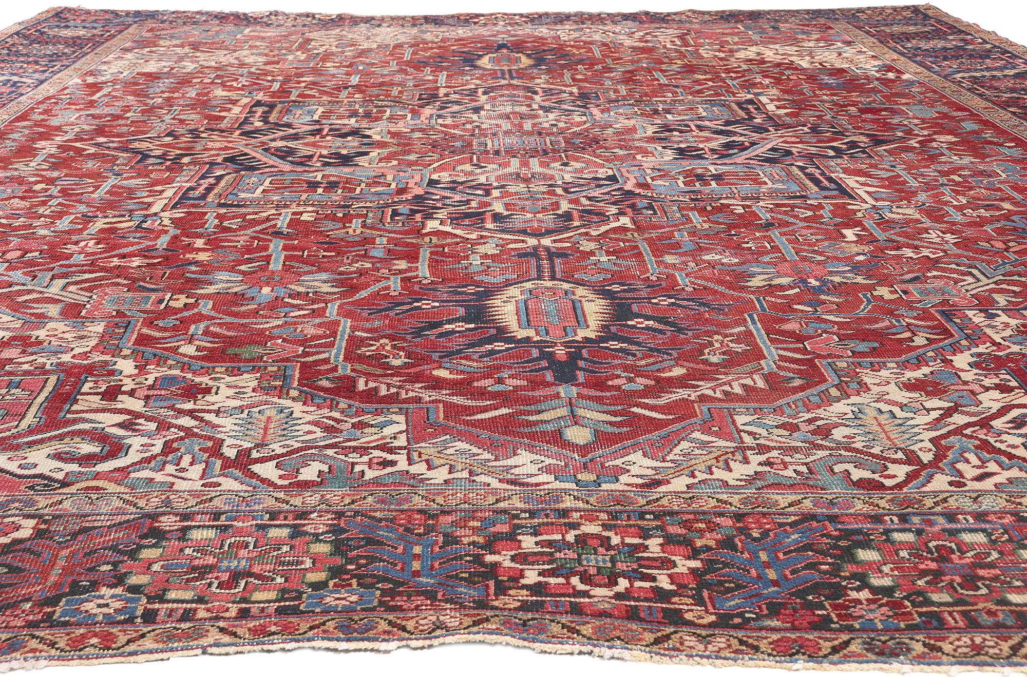 Heriz Serapi Distressed Antique Persian Heriz Rug, Rustic Finesse Meets Patriotic Flair For Sale