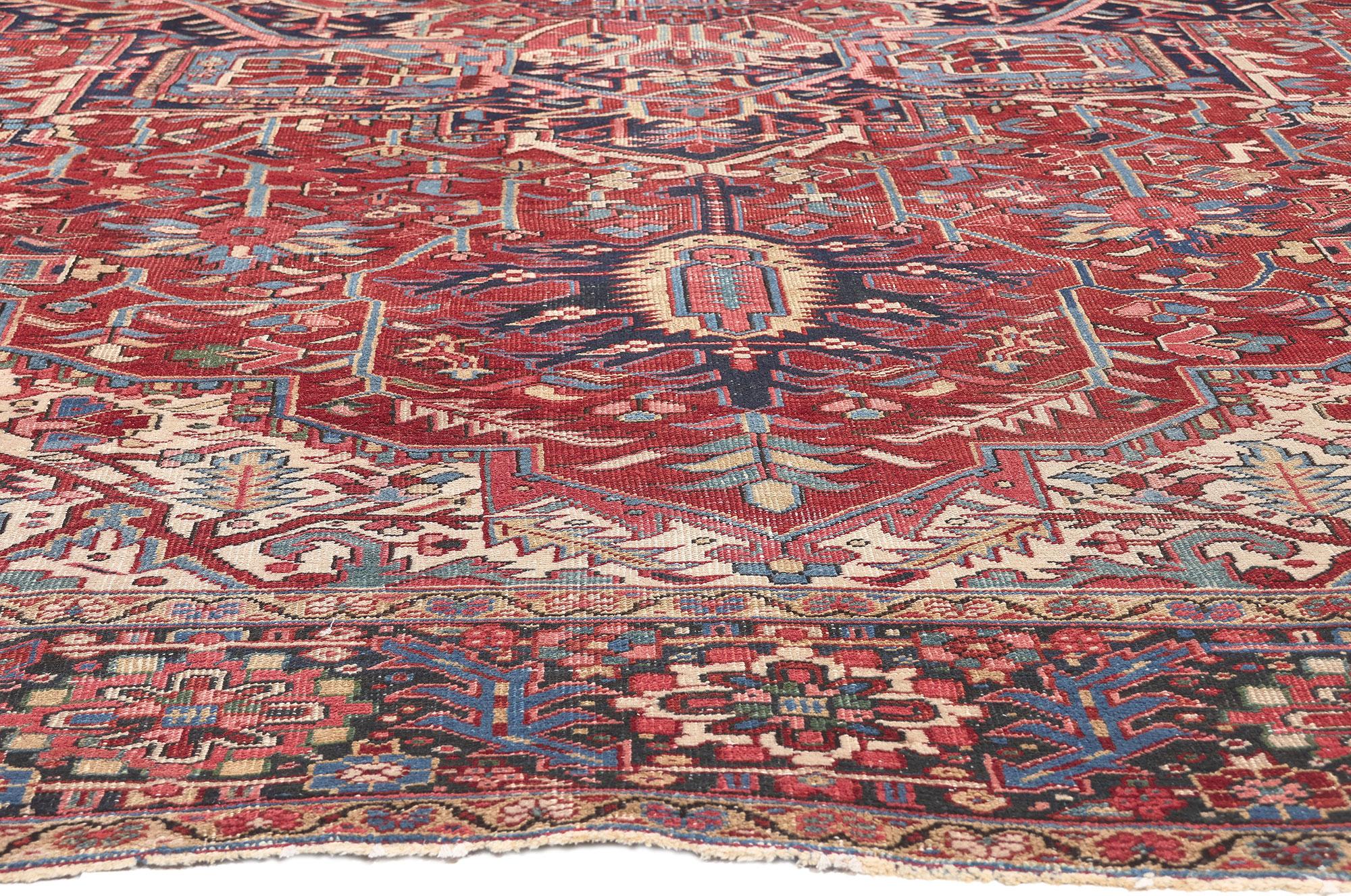 Turkish Distressed Antique Persian Heriz Rug, Rustic Finesse Meets Patriotic Flair For Sale