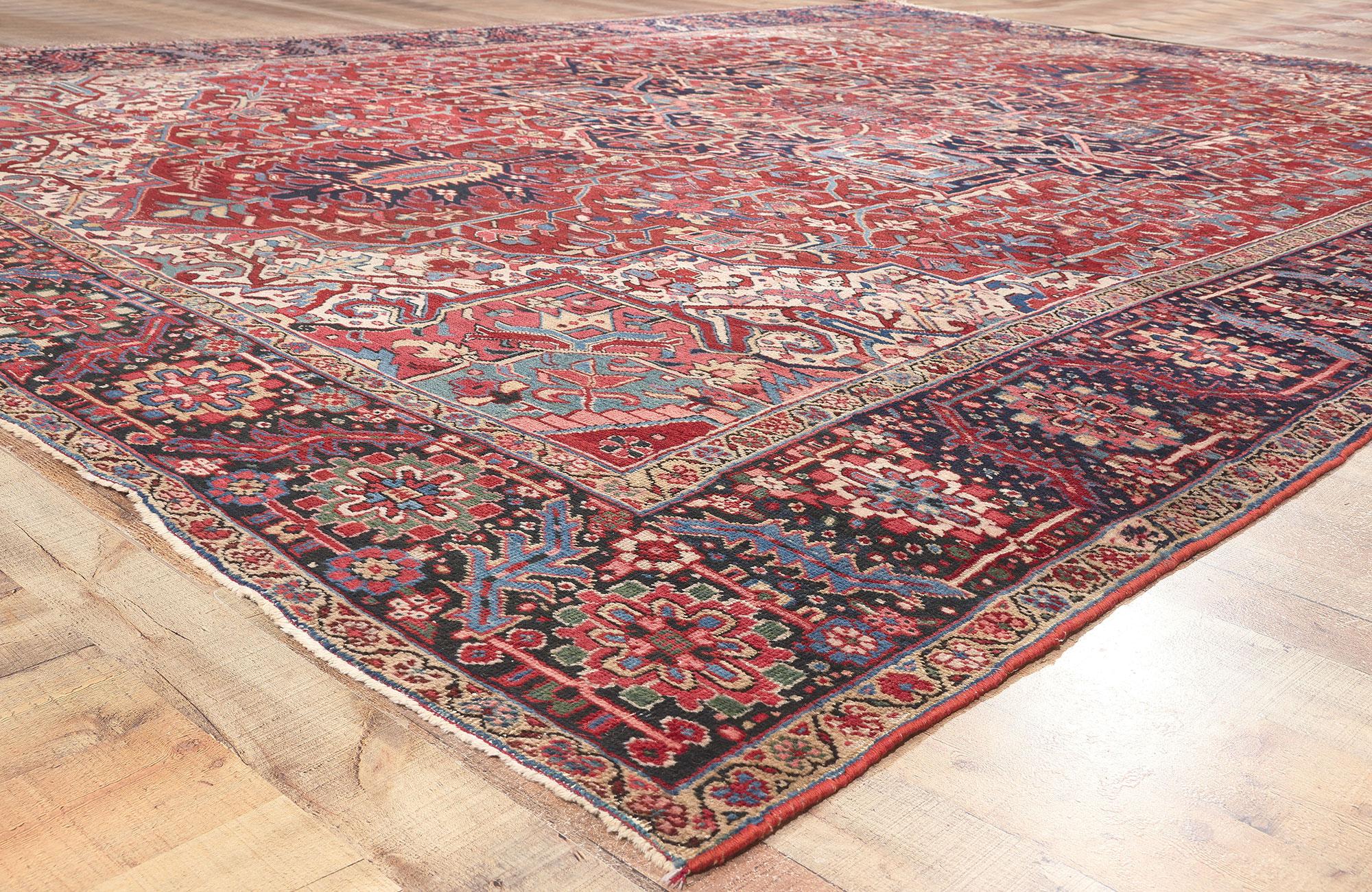 20th Century Distressed Antique Persian Heriz Rug, Rustic Finesse Meets Patriotic Flair For Sale