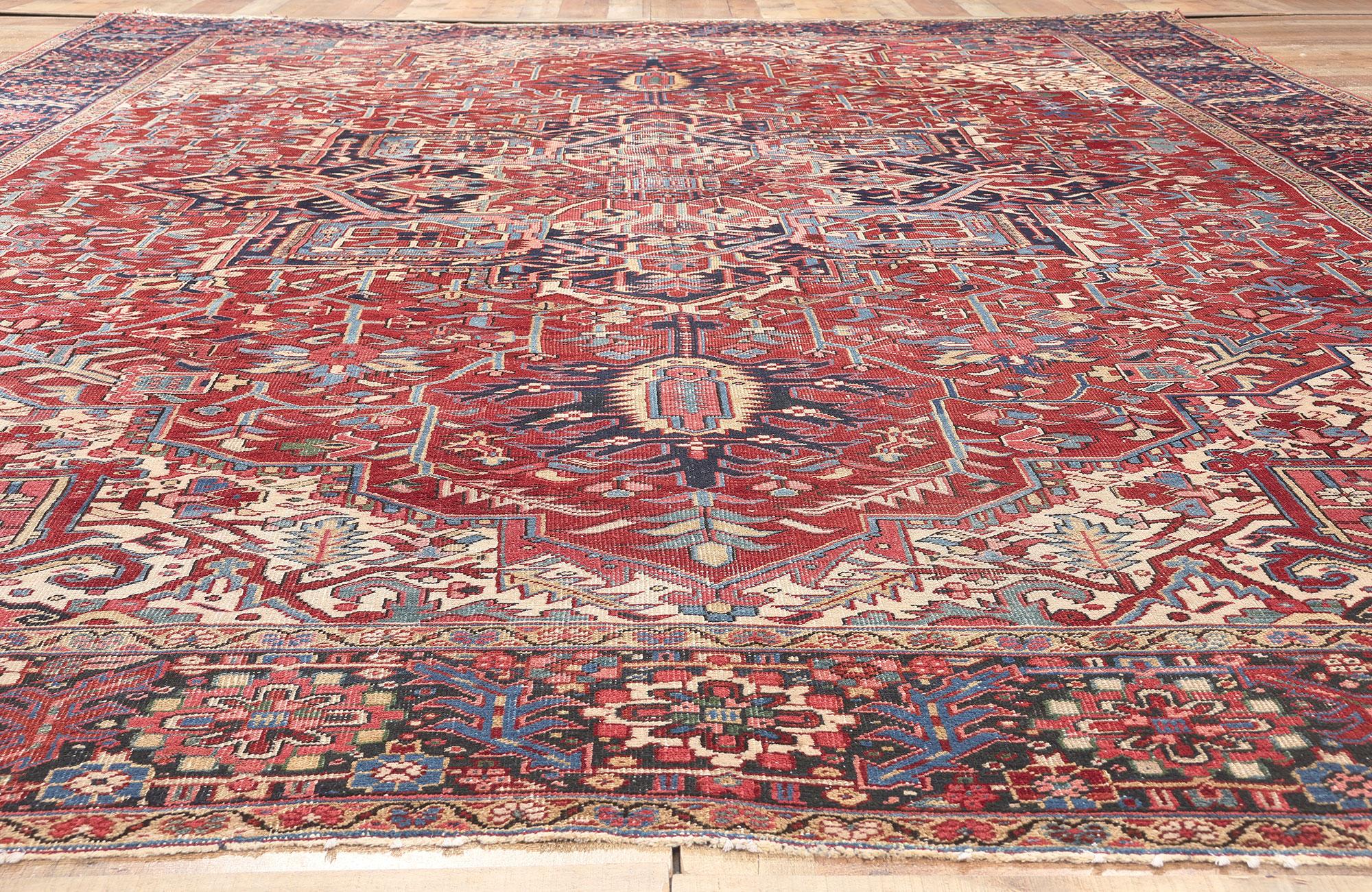 Wool Distressed Antique Persian Heriz Rug, Rustic Finesse Meets Patriotic Flair For Sale