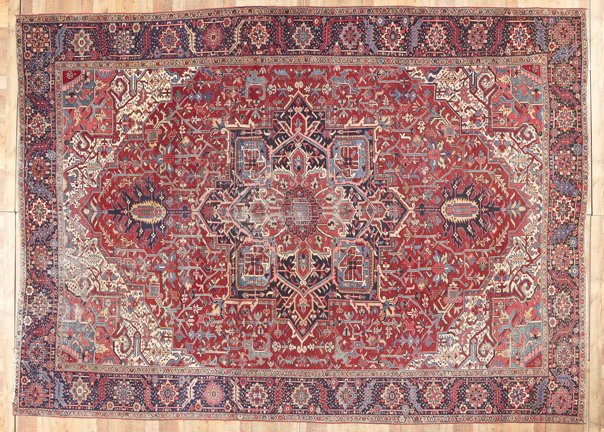 Distressed Antique Persian Heriz Rug, Rustic Finesse Meets Patriotic Flair For Sale 1