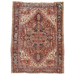 Distressed Antique Persian Heriz Rug with Mid-Century Modern Rustic Style
