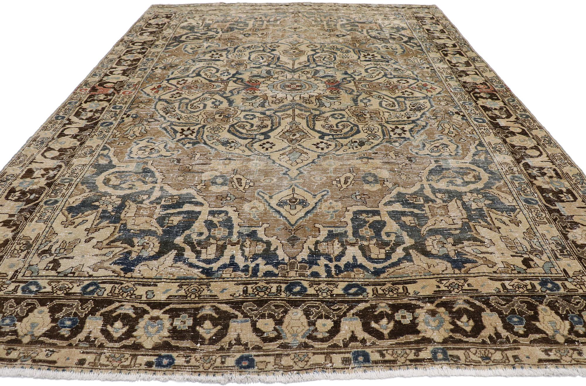 Heriz Serapi Distressed Antique Persian Heriz Rug with Mid-Century Modern Style For Sale
