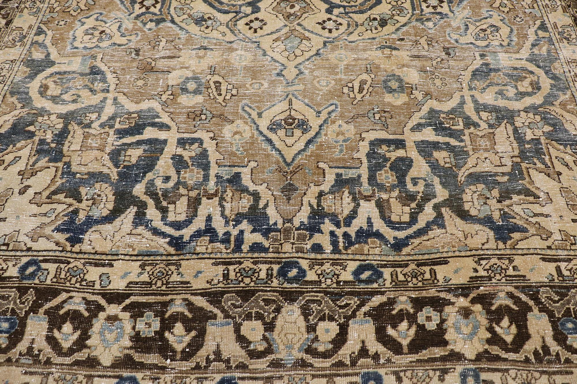 Hand-Knotted Distressed Antique Persian Heriz Rug with Mid-Century Modern Style For Sale