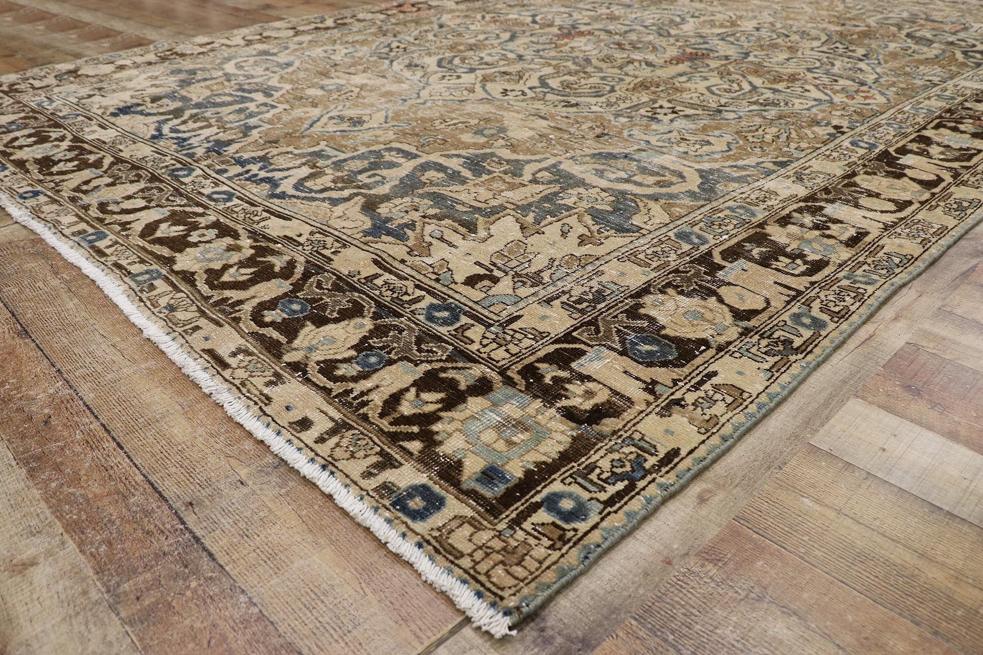 20th Century Distressed Antique Persian Heriz Rug with Mid-Century Modern Style For Sale