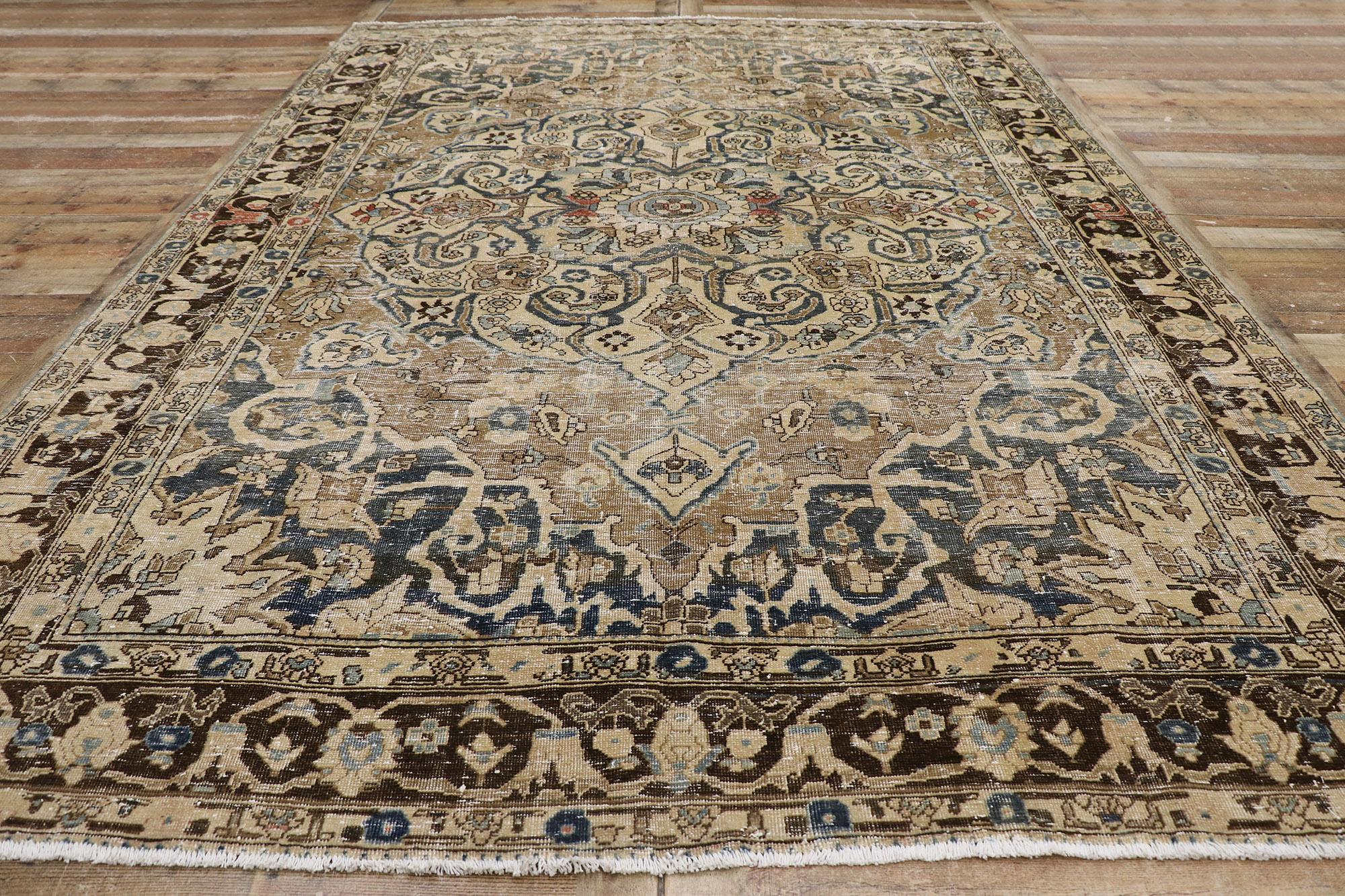 Wool Distressed Antique Persian Heriz Rug with Mid-Century Modern Style For Sale