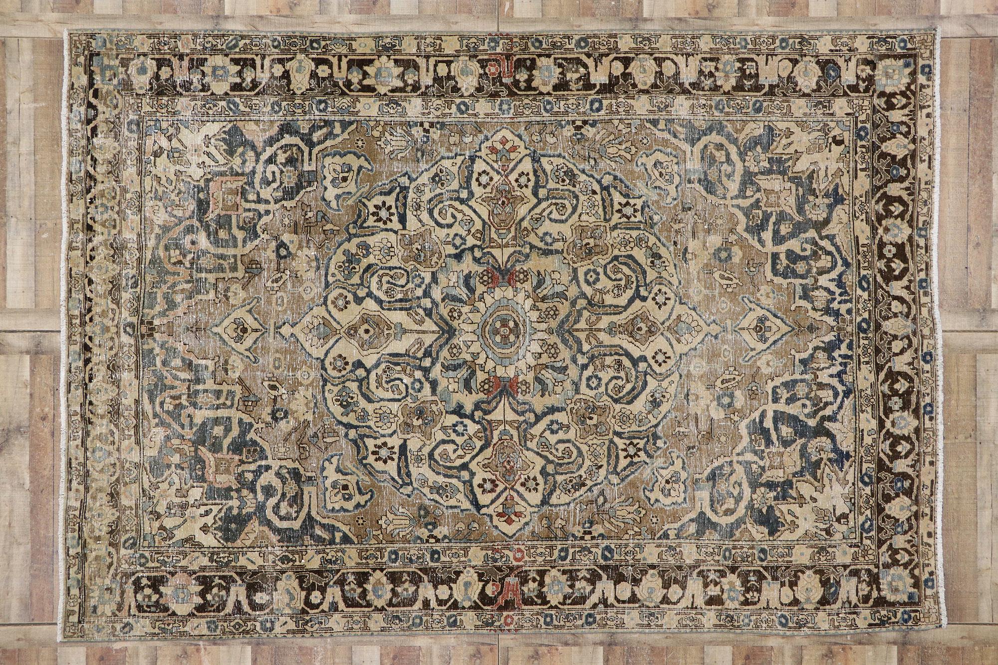 Distressed Antique Persian Heriz Rug with Mid-Century Modern Style For Sale 1