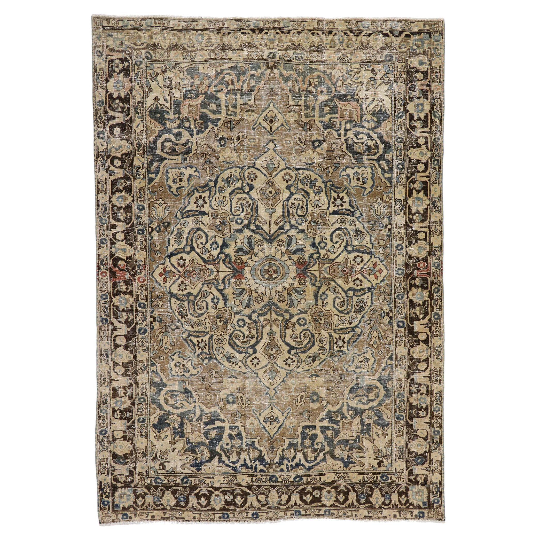 Distressed Antique Persian Heriz Rug with Mid-Century Modern Style For Sale