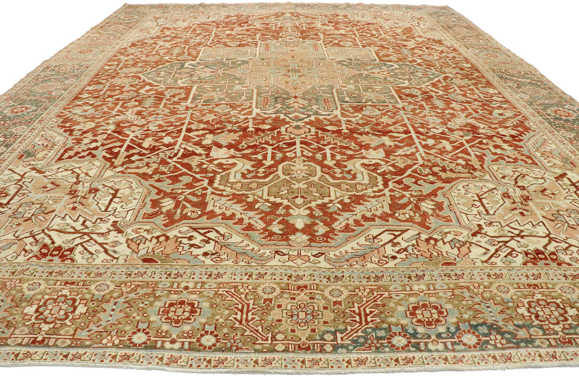 Heriz Serapi Distressed Antique Persian Heriz Rug with Modern Rustic Bungalow Style For Sale