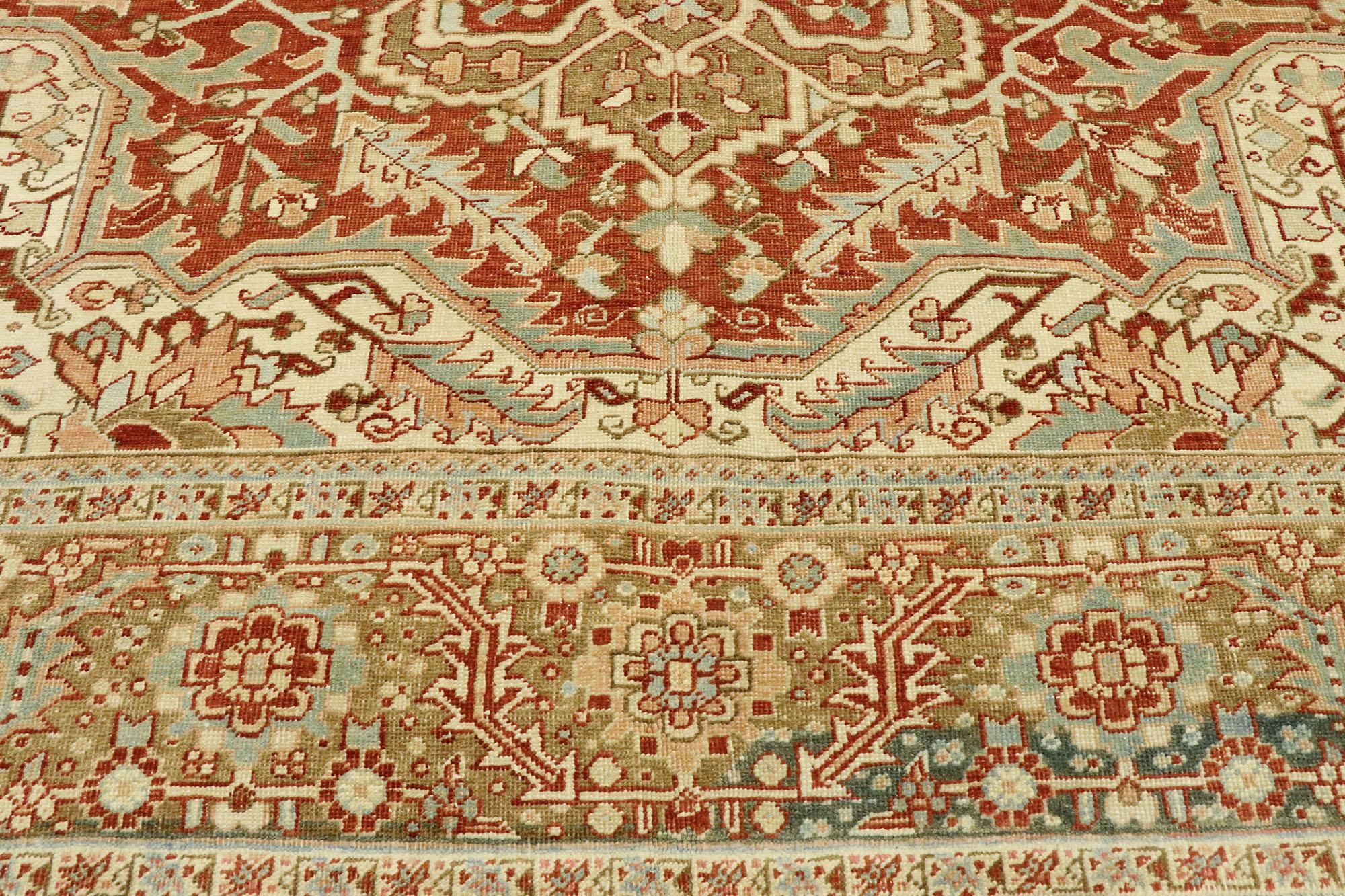 Hand-Knotted Distressed Antique Persian Heriz Rug with Modern Rustic Bungalow Style For Sale