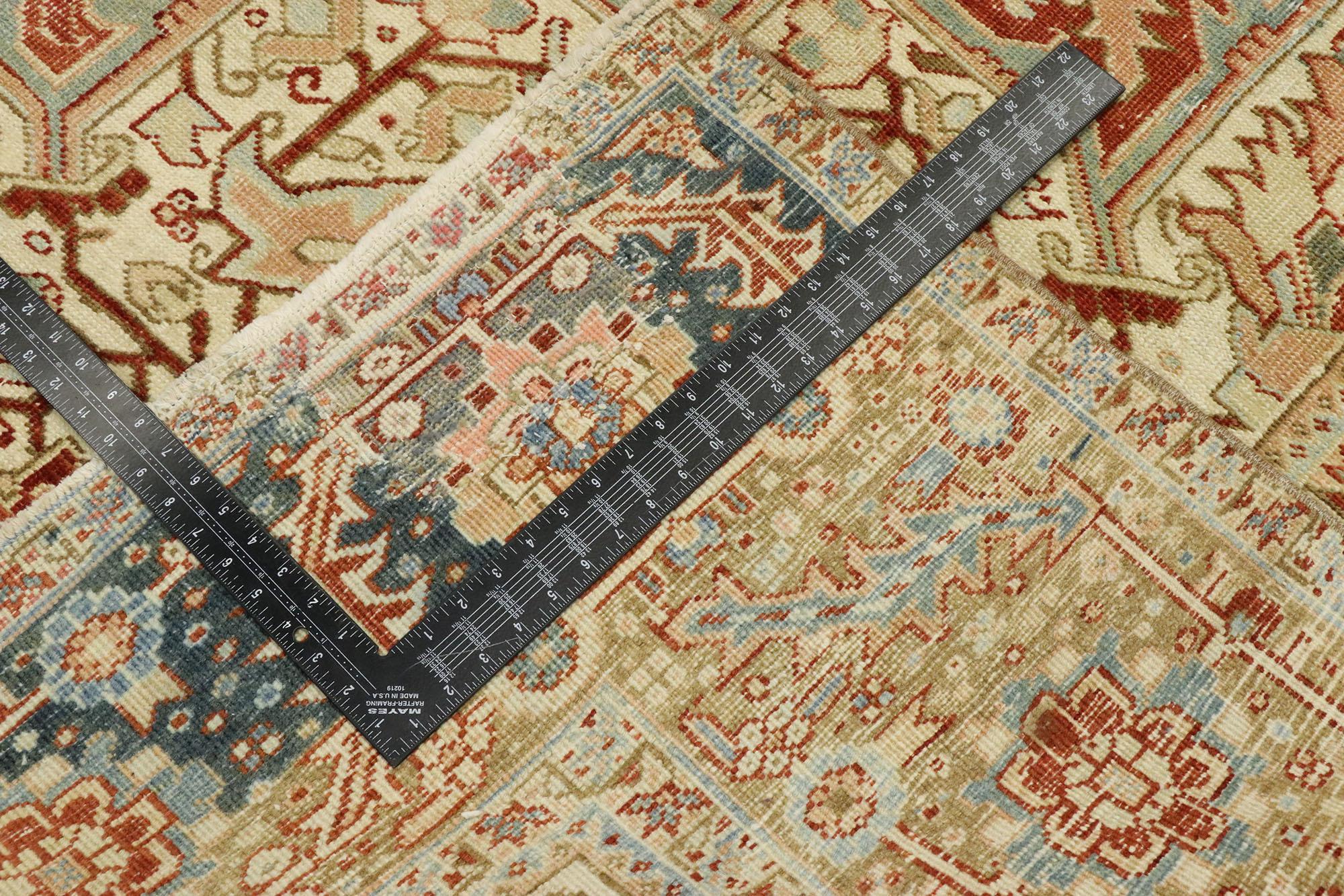 Distressed Antique Persian Heriz Rug with Modern Rustic Bungalow Style In Distressed Condition For Sale In Dallas, TX