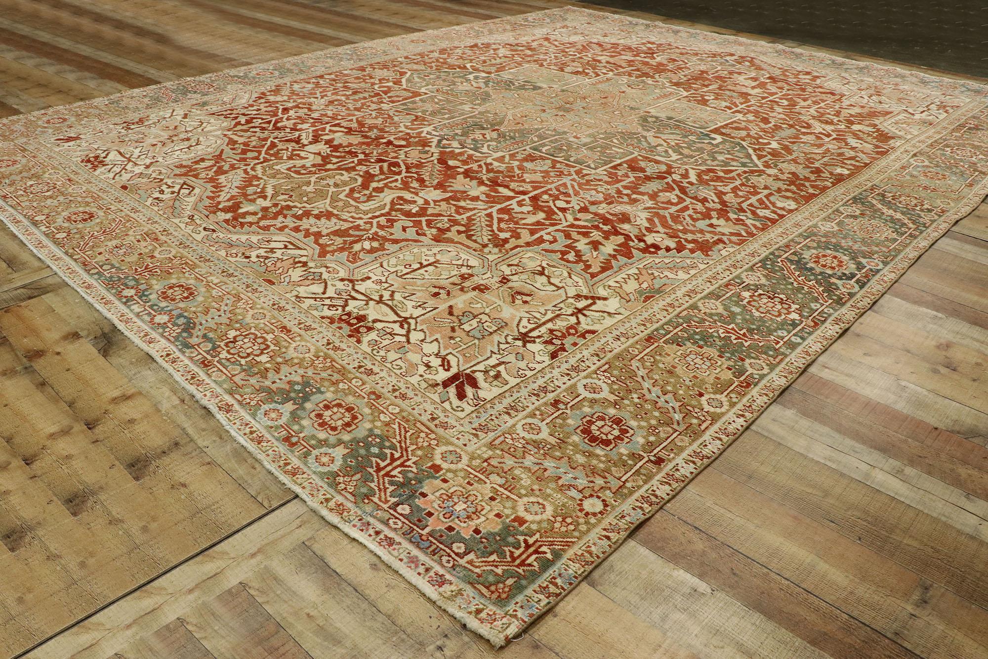 20th Century Distressed Antique Persian Heriz Rug with Modern Rustic Bungalow Style For Sale