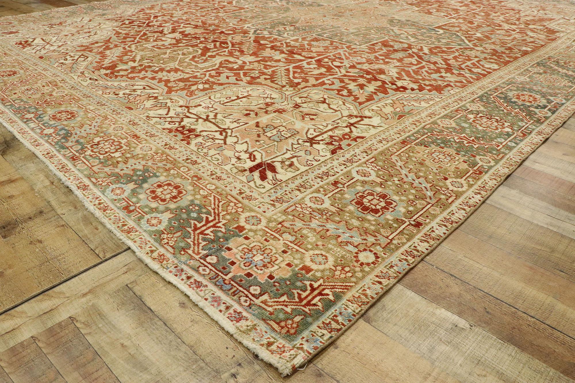 Wool Distressed Antique Persian Heriz Rug with Modern Rustic Bungalow Style For Sale