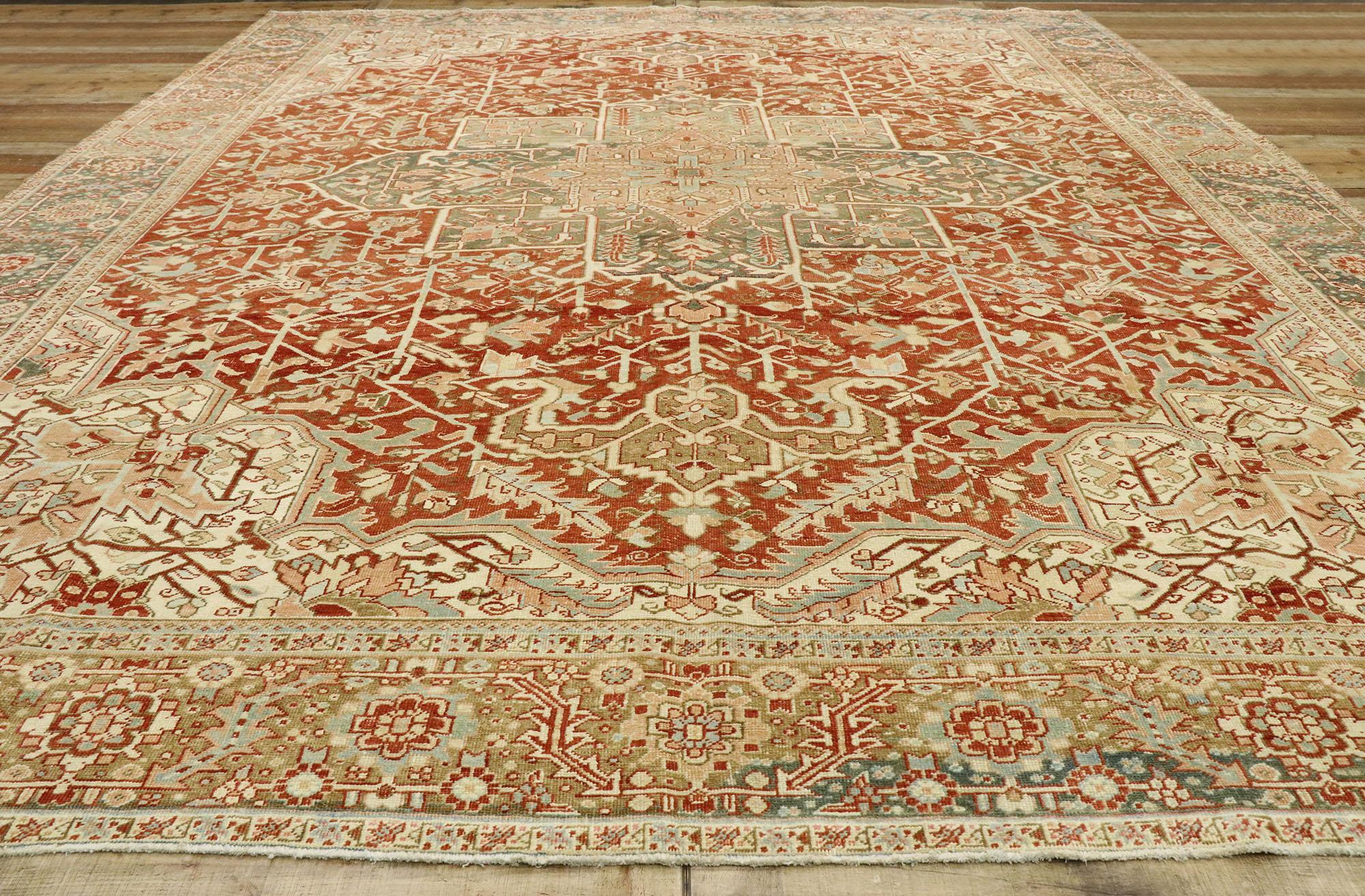 Distressed Antique Persian Heriz Rug with Modern Rustic Bungalow Style For Sale 1