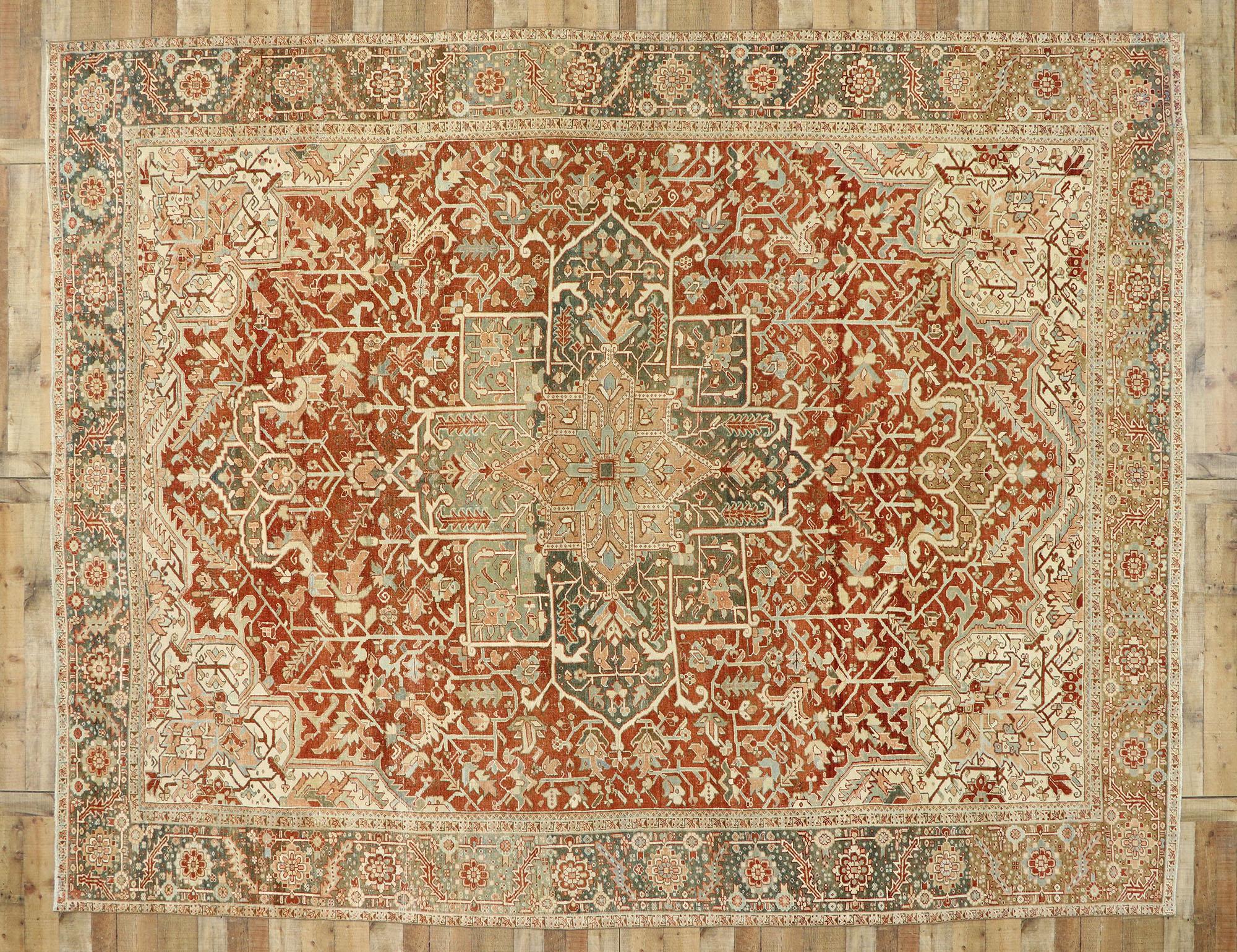Distressed Antique Persian Heriz Rug with Modern Rustic Bungalow Style For Sale 2