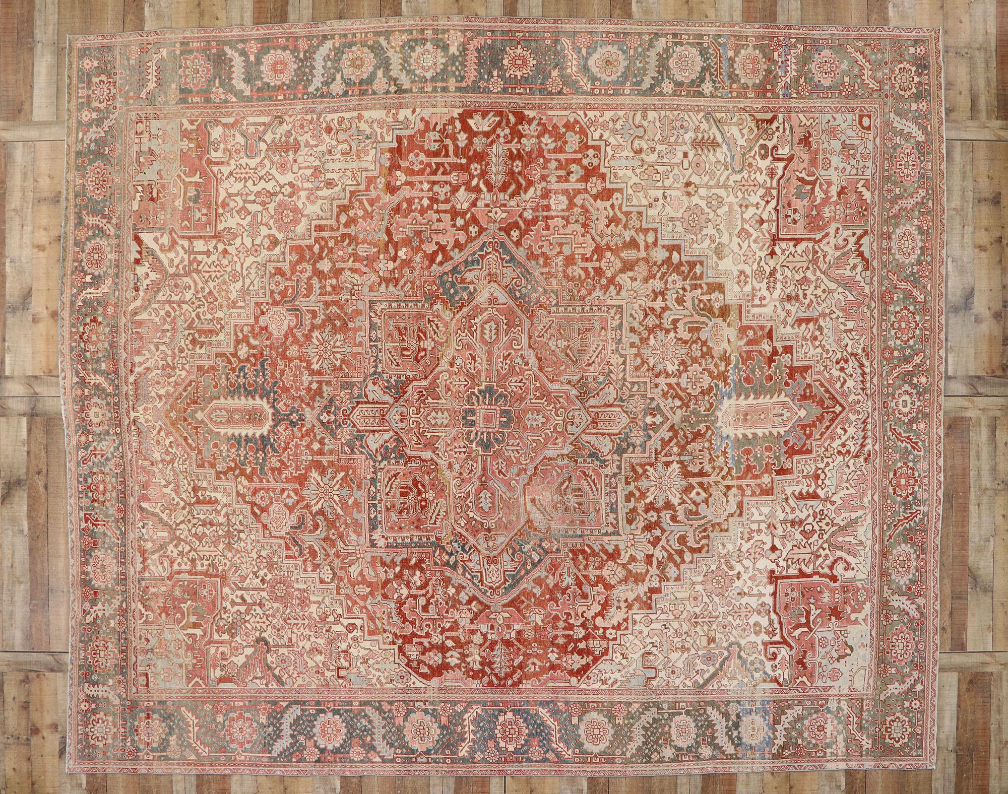 Distressed Antique Persian Heriz Rug with Rustic Bohemian Style In Distressed Condition For Sale In Dallas, TX