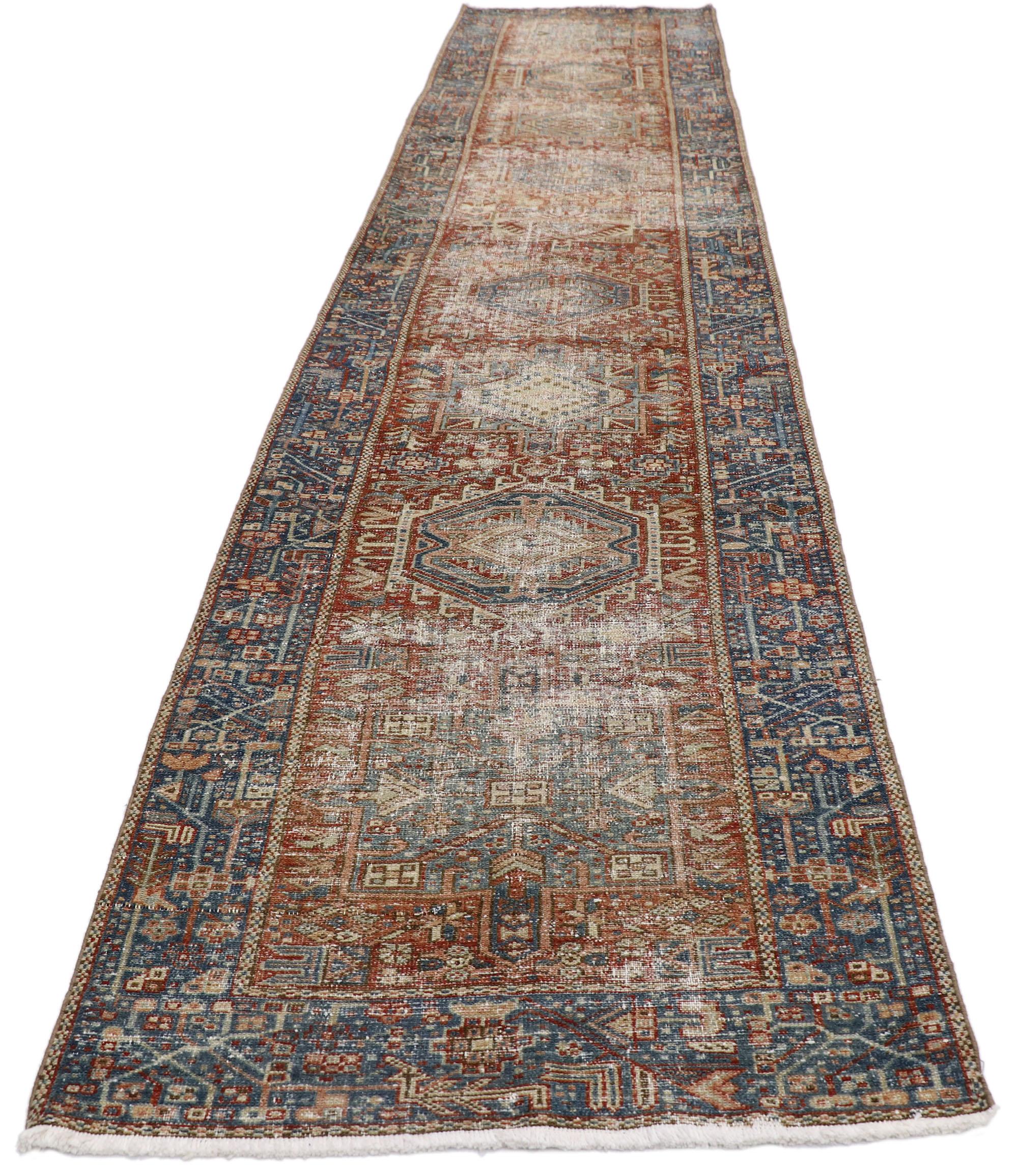 Heriz Serapi Distressed Antique Persian Heriz Runner with Rustic Tribal Style For Sale
