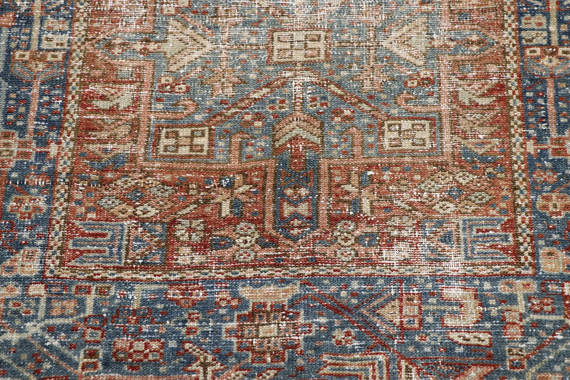 Hand-Knotted Distressed Antique Persian Heriz Runner with Rustic Tribal Style For Sale