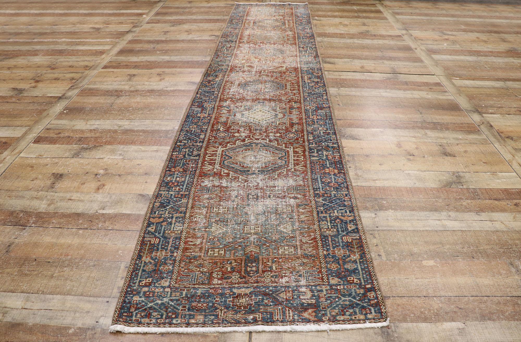 Wool Distressed Antique Persian Heriz Runner with Rustic Tribal Style For Sale