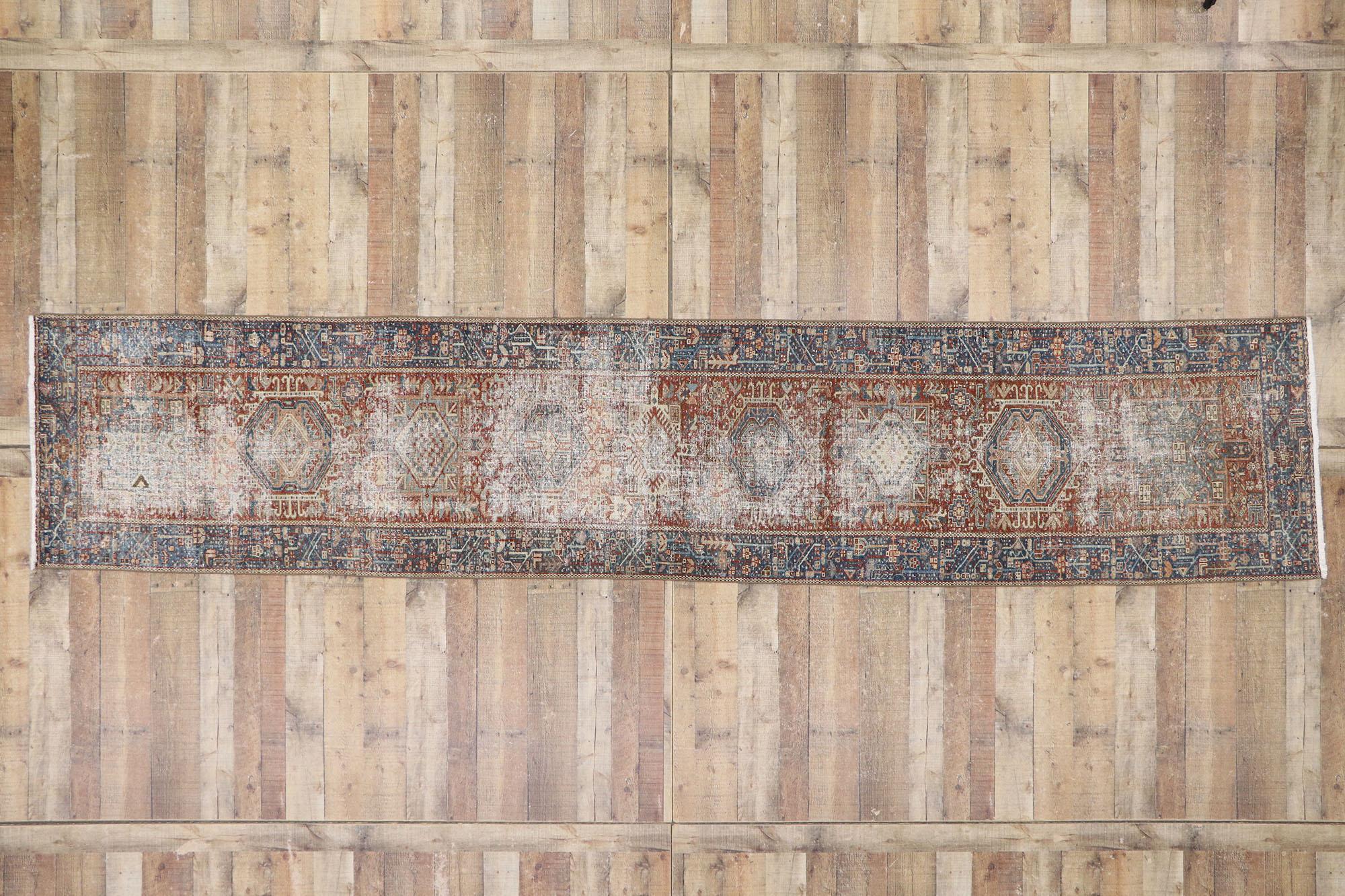Distressed Antique Persian Heriz Runner with Rustic Tribal Style For Sale 1