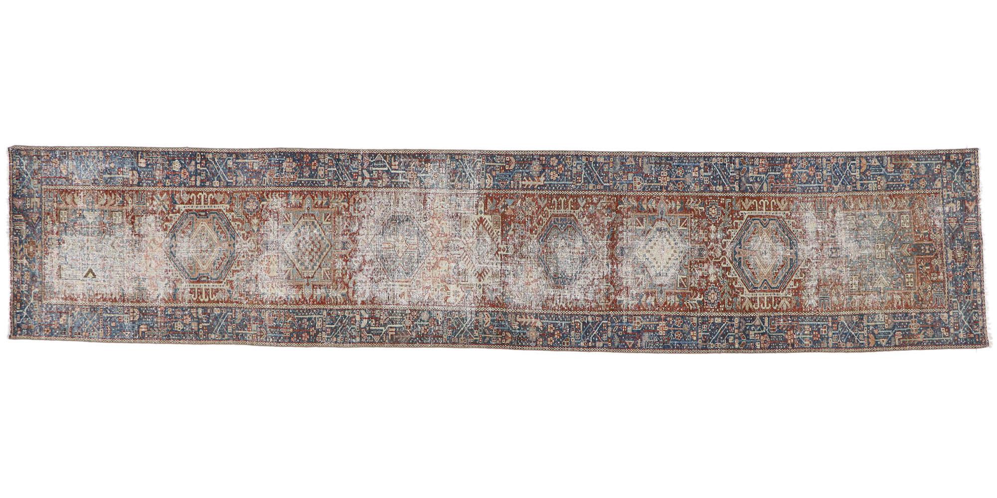 Distressed Antique Persian Heriz Runner with Rustic Tribal Style For Sale 2