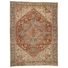 Distressed Antique Persian Heriz Style Rug with Rustic Federal Style
