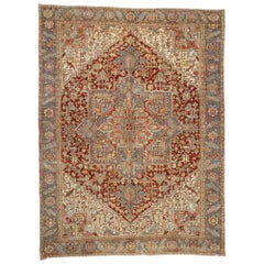 Distressed Antique Persian Heriz Style Rug with Rustic Federal Style