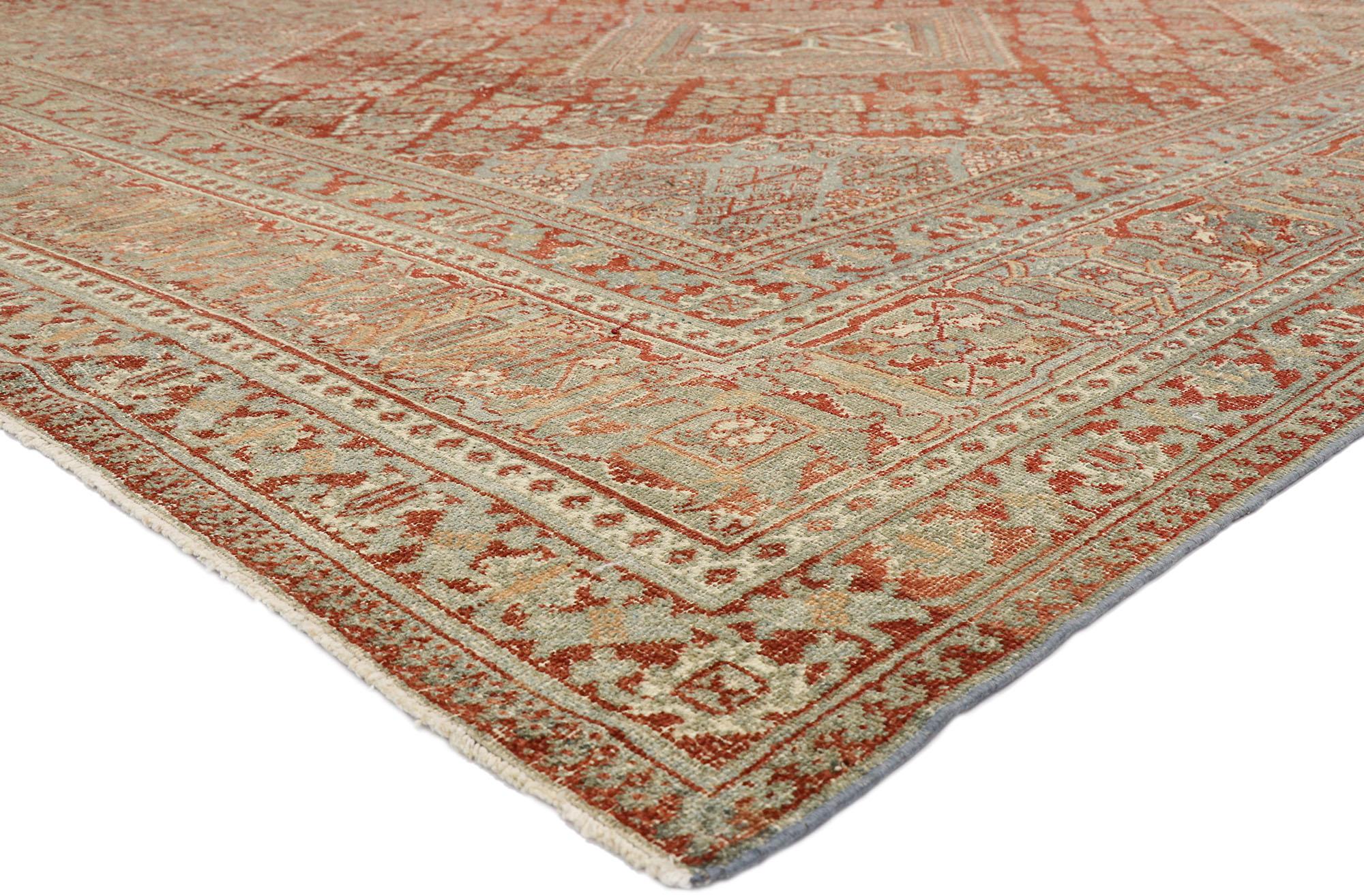 52632, Distressed Antique Persian Joshegan Design Rug with Relaxed Rustic Federal Style 10'07 x 13'03. Federal style and made in Turkey, this hand knotted wool distressed antique Persian Joshegan design rug is well-balanced and poised to impress. It