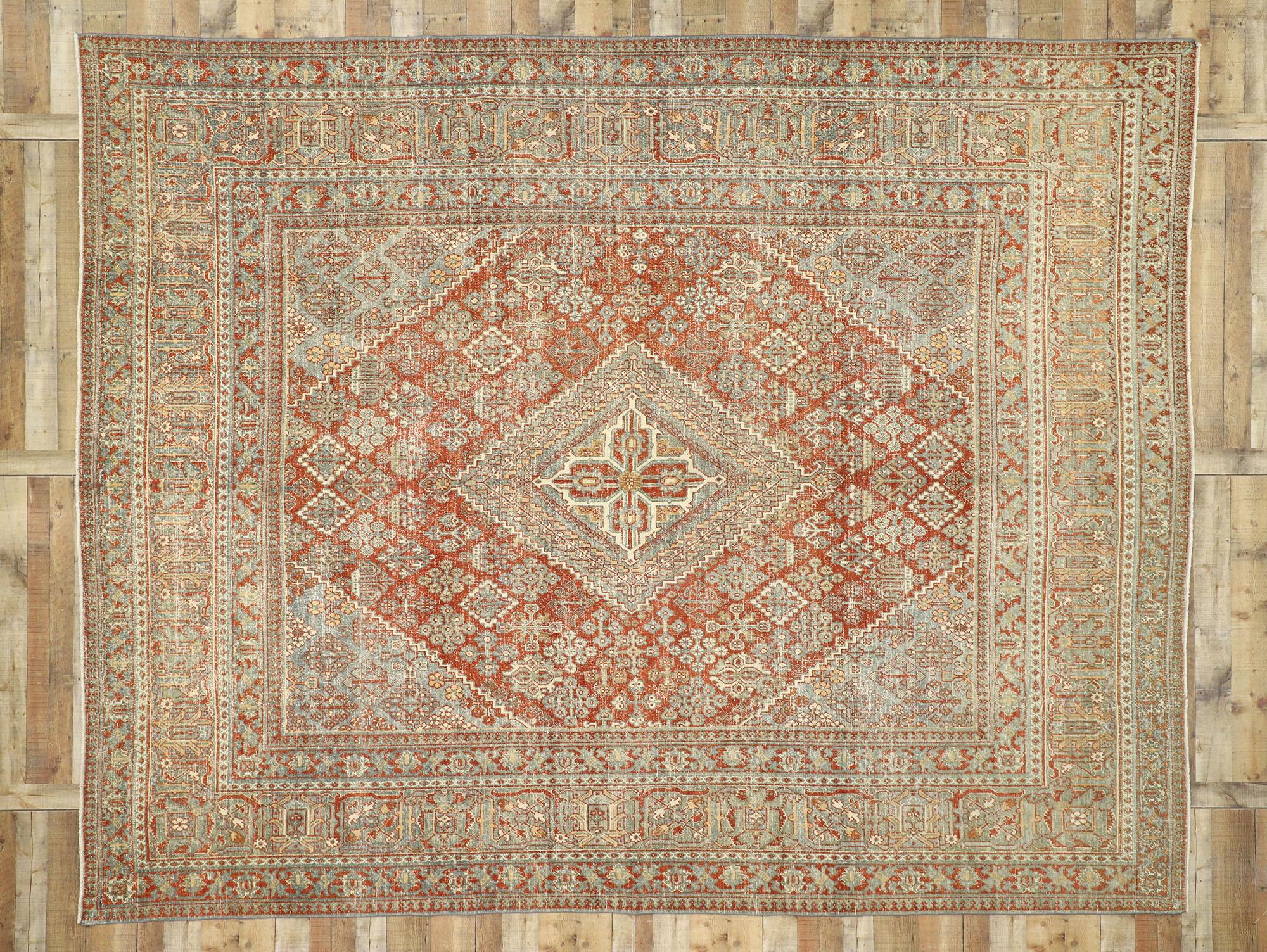 Distressed Antique Persian Joshegan Design Rug with Relaxed Rustic Federal Style In Distressed Condition In Dallas, TX