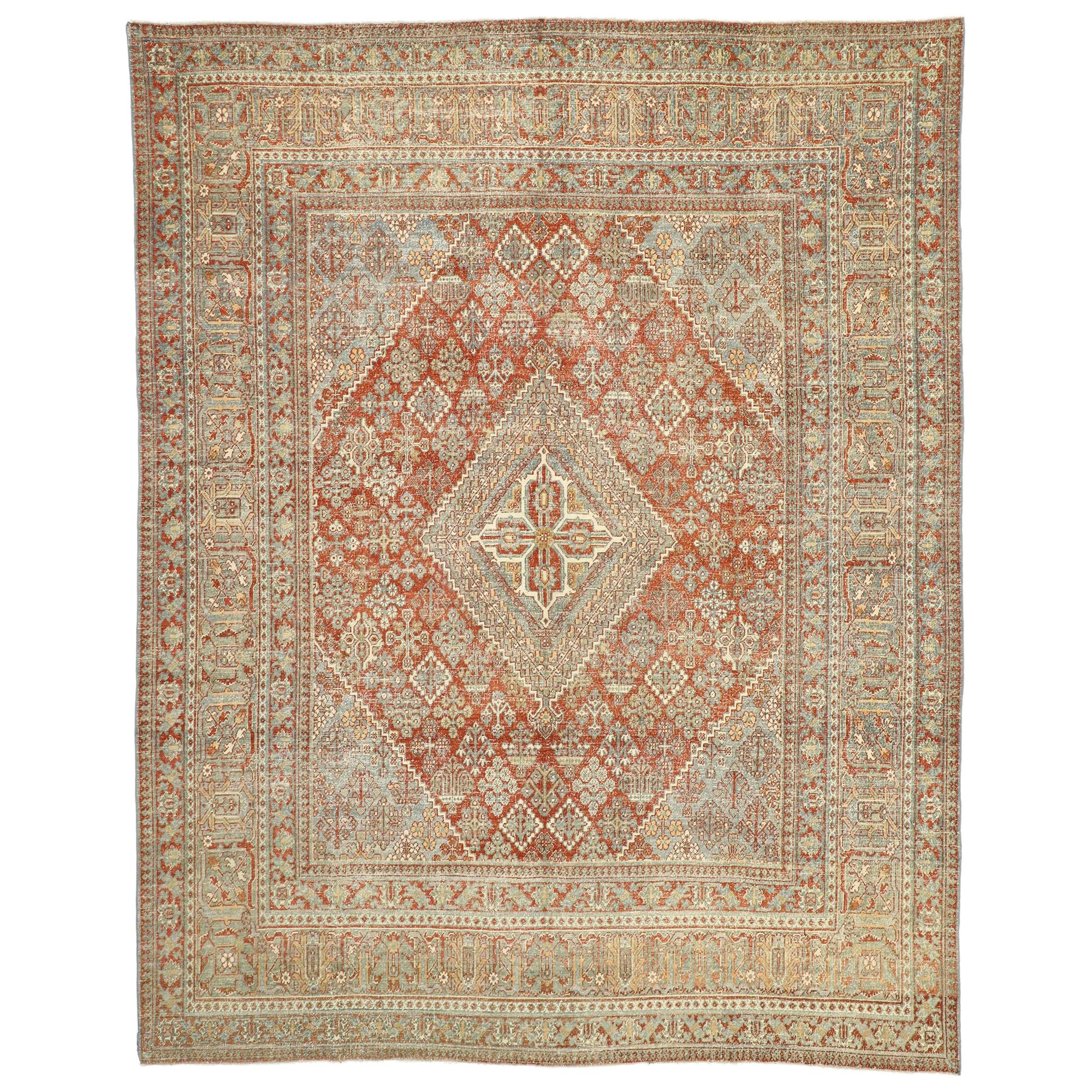 Distressed Antique Persian Joshegan Design Rug with Relaxed Rustic Federal Style