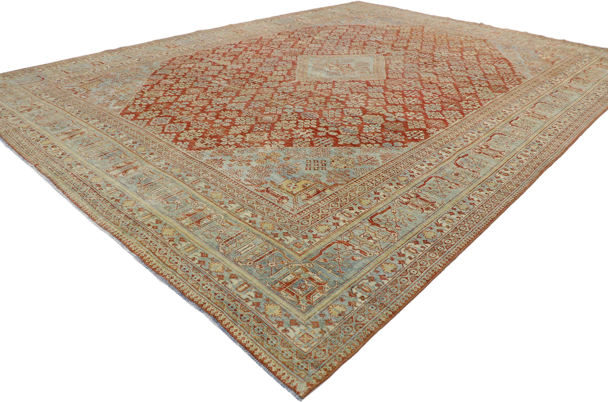 53231, distressed antique Persian Joshegan rug with modern rustic English style. With relaxed rustic Federal style and a lovingly time-worn composition, this hand knotted wool distressed antique Persian Joshegan rug is well-balanced and poised to