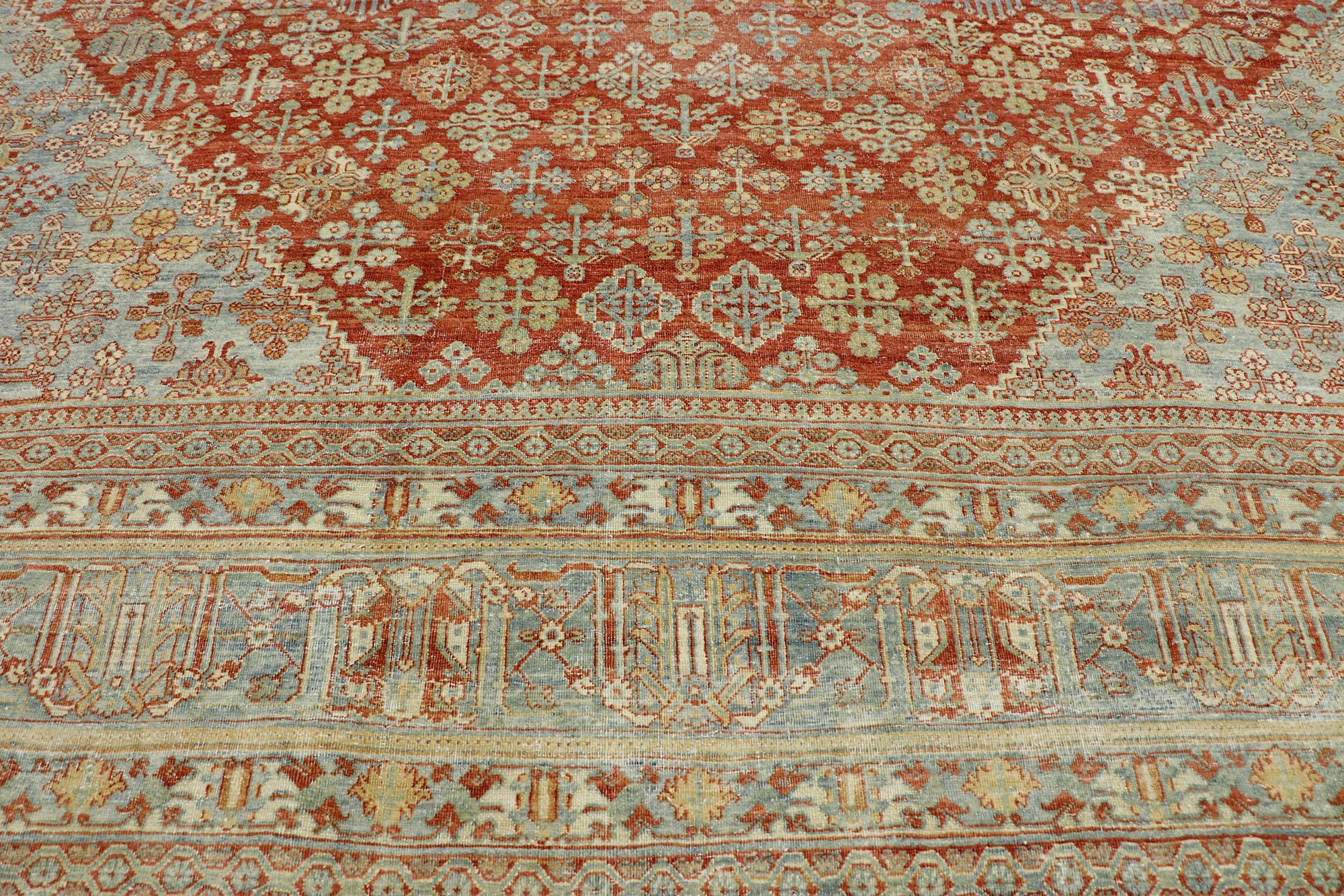 Distressed Antique Persian Joshegan Rug with Modern Rustic English Style In Distressed Condition For Sale In Dallas, TX