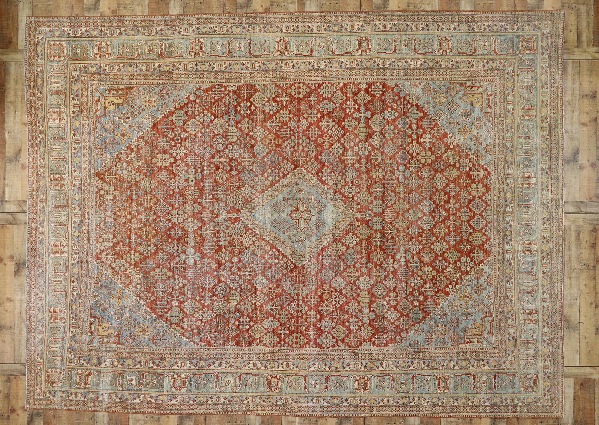 Distressed Antique Persian Joshegan Rug with Modern Rustic English Style For Sale 2