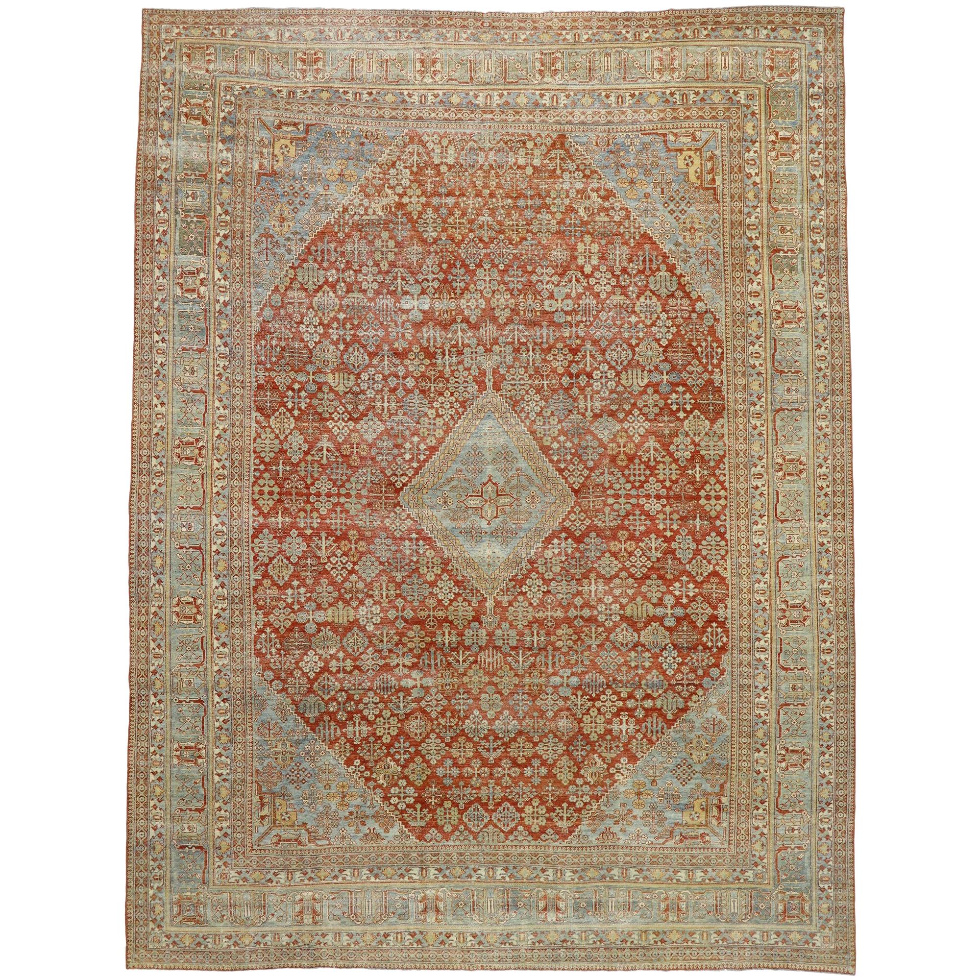 Distressed Antique Persian Joshegan Rug with Modern Rustic English Style For Sale