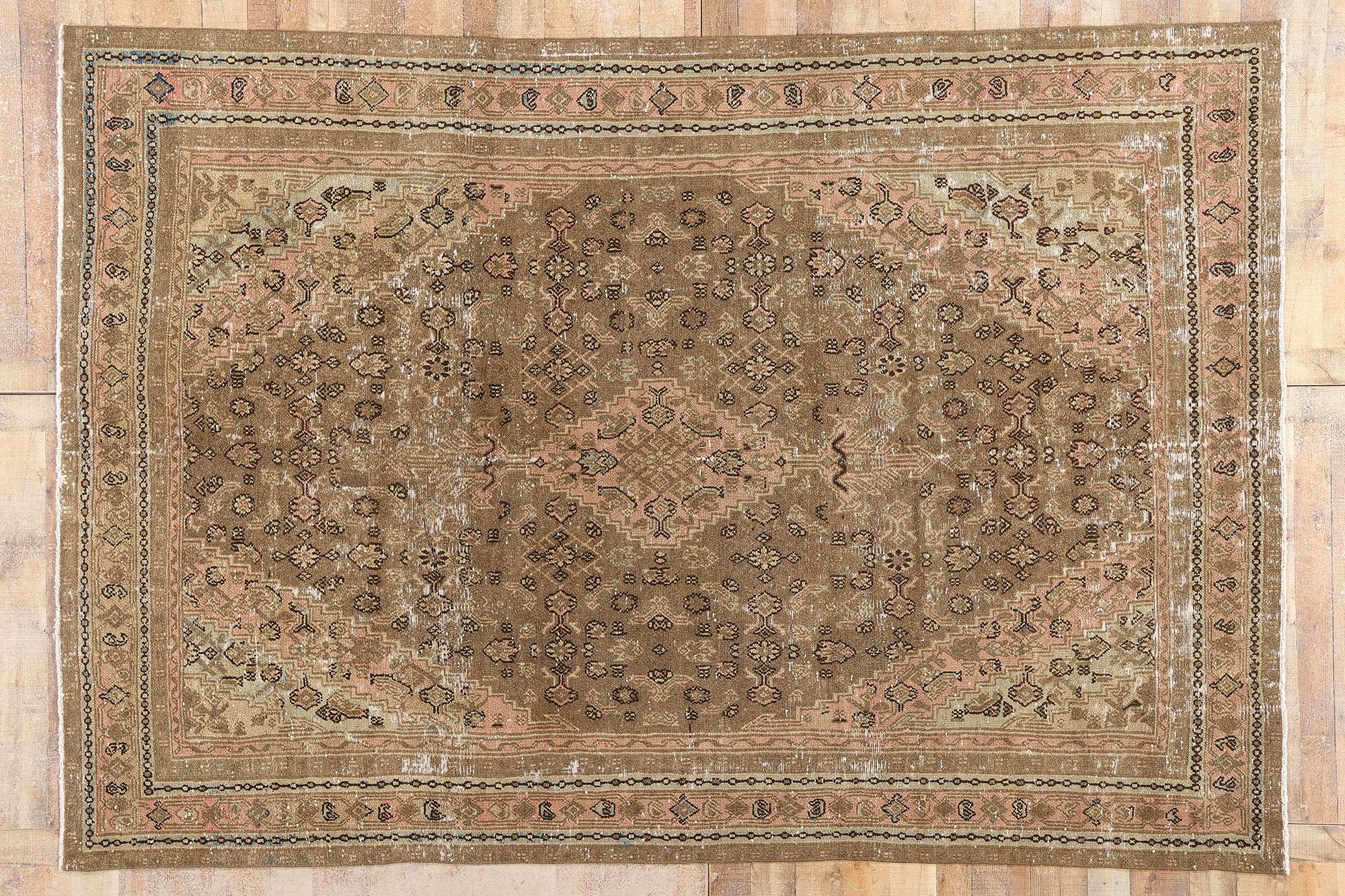 Antique Earth-Tone Persian Joshegan Rug with Modern Rustic Style For Sale 1