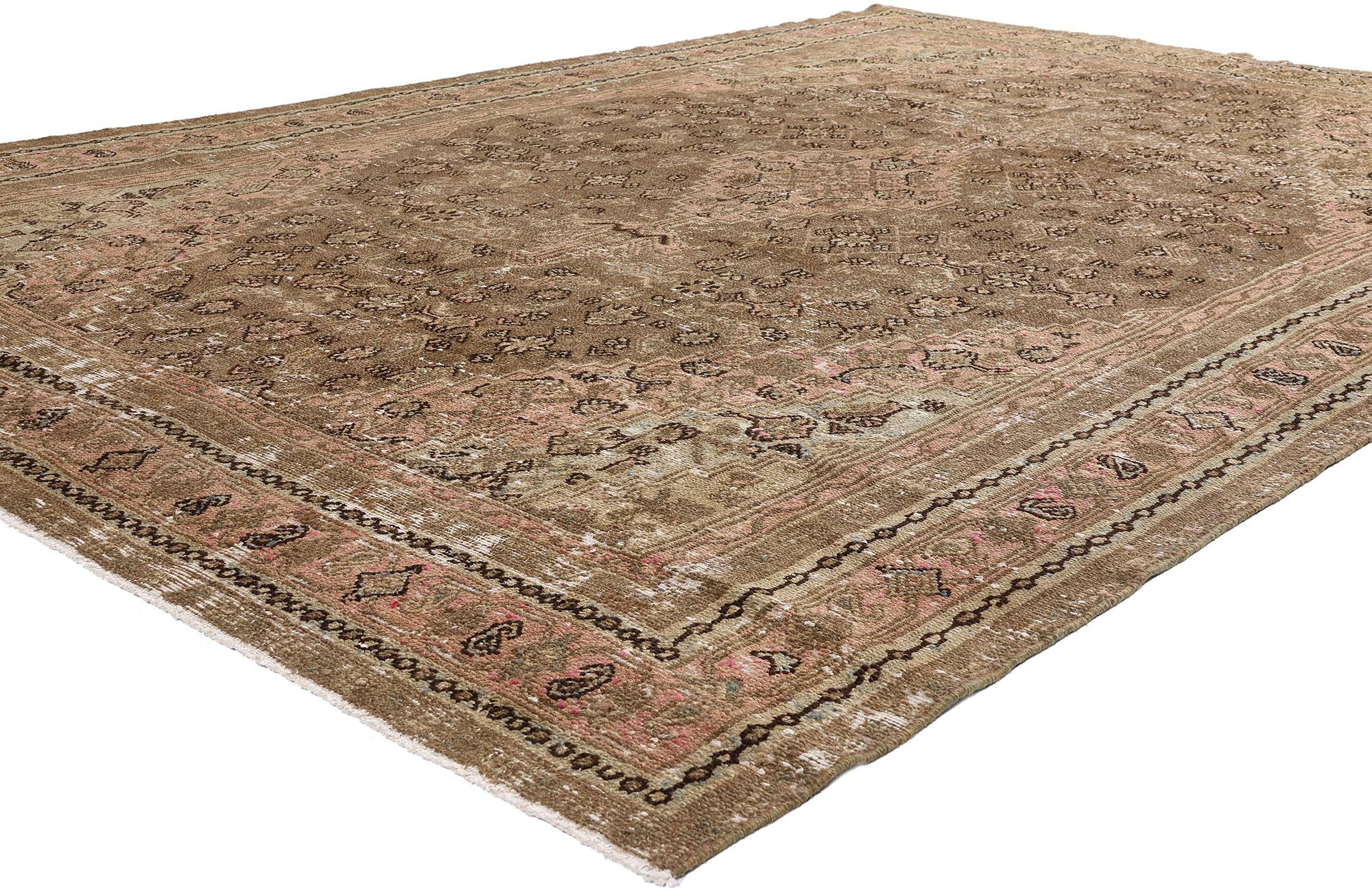 60851 Antique Earth-Tone Persian Joshegan Rug, 07'09 x 11'03. Bathed in the golden patina of centuries past, this hand-knotted wool Persian Joshegan rug is an extraordinary artifact of timeless elegance—an heirloom of rare distinction that