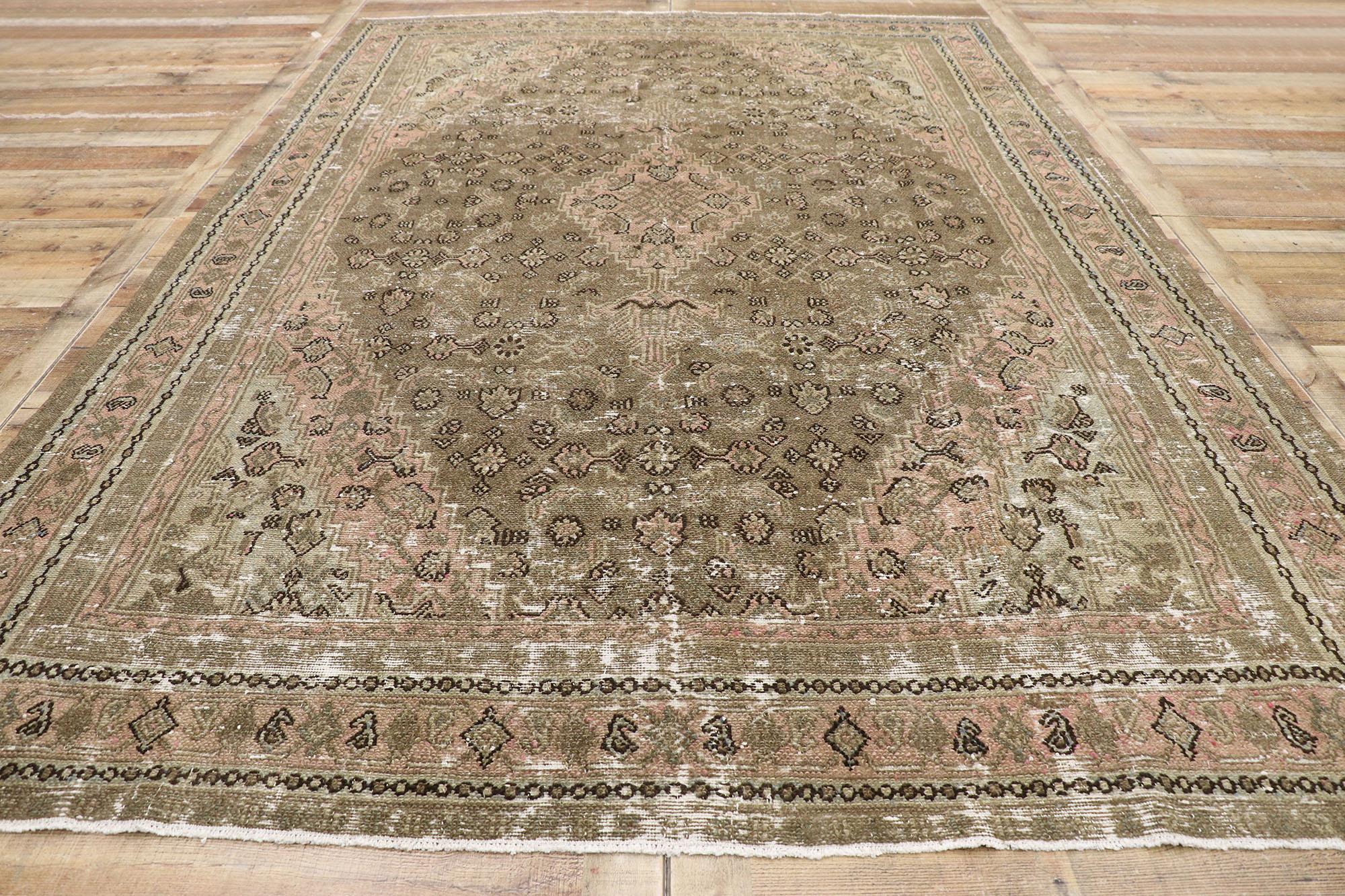 Wool Distressed Antique Persian Joshegan Rug with Rustic Arts & Crafts Style For Sale