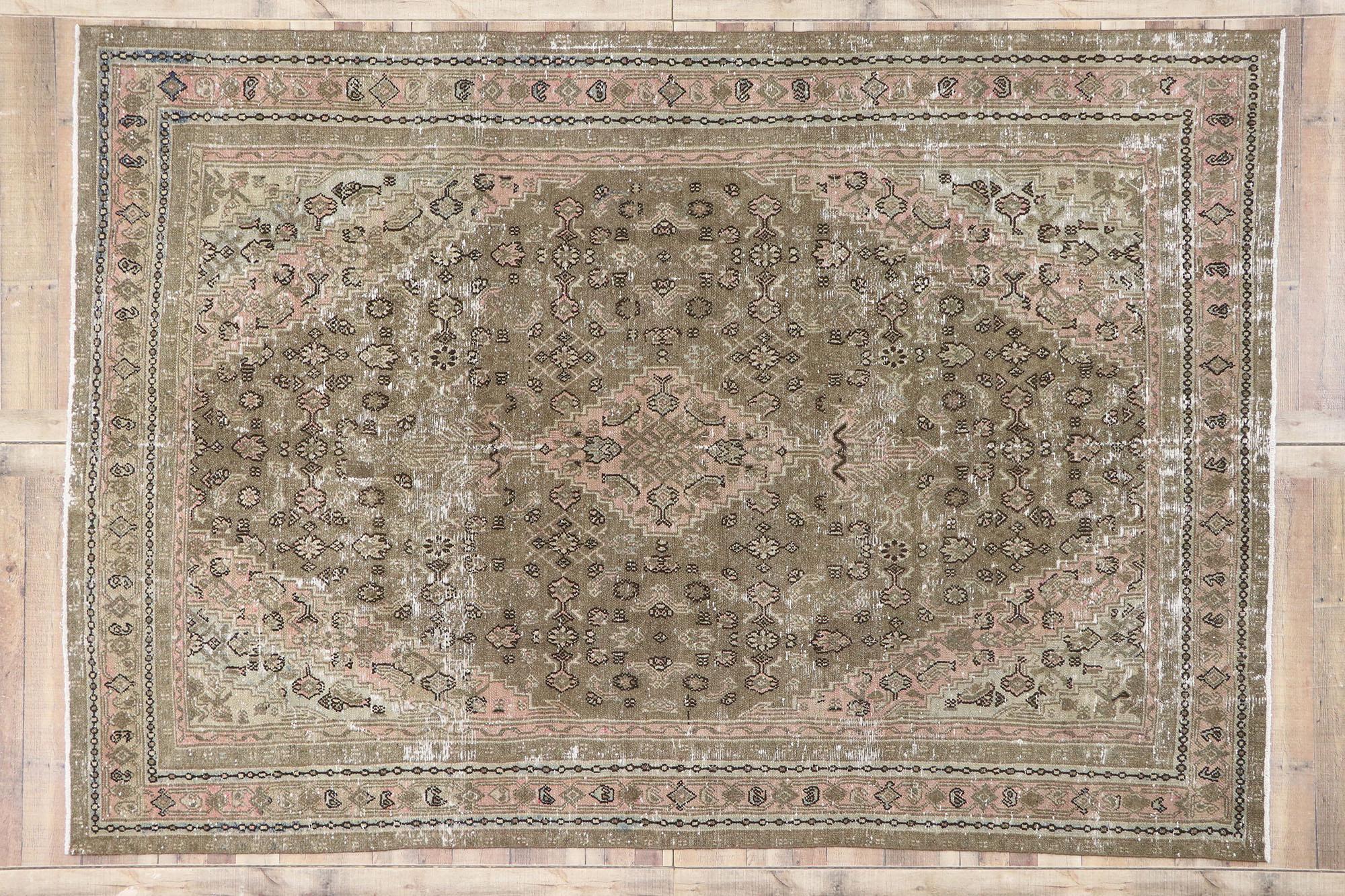 Distressed Antique Persian Joshegan Rug with Rustic Arts & Crafts Style For Sale 1
