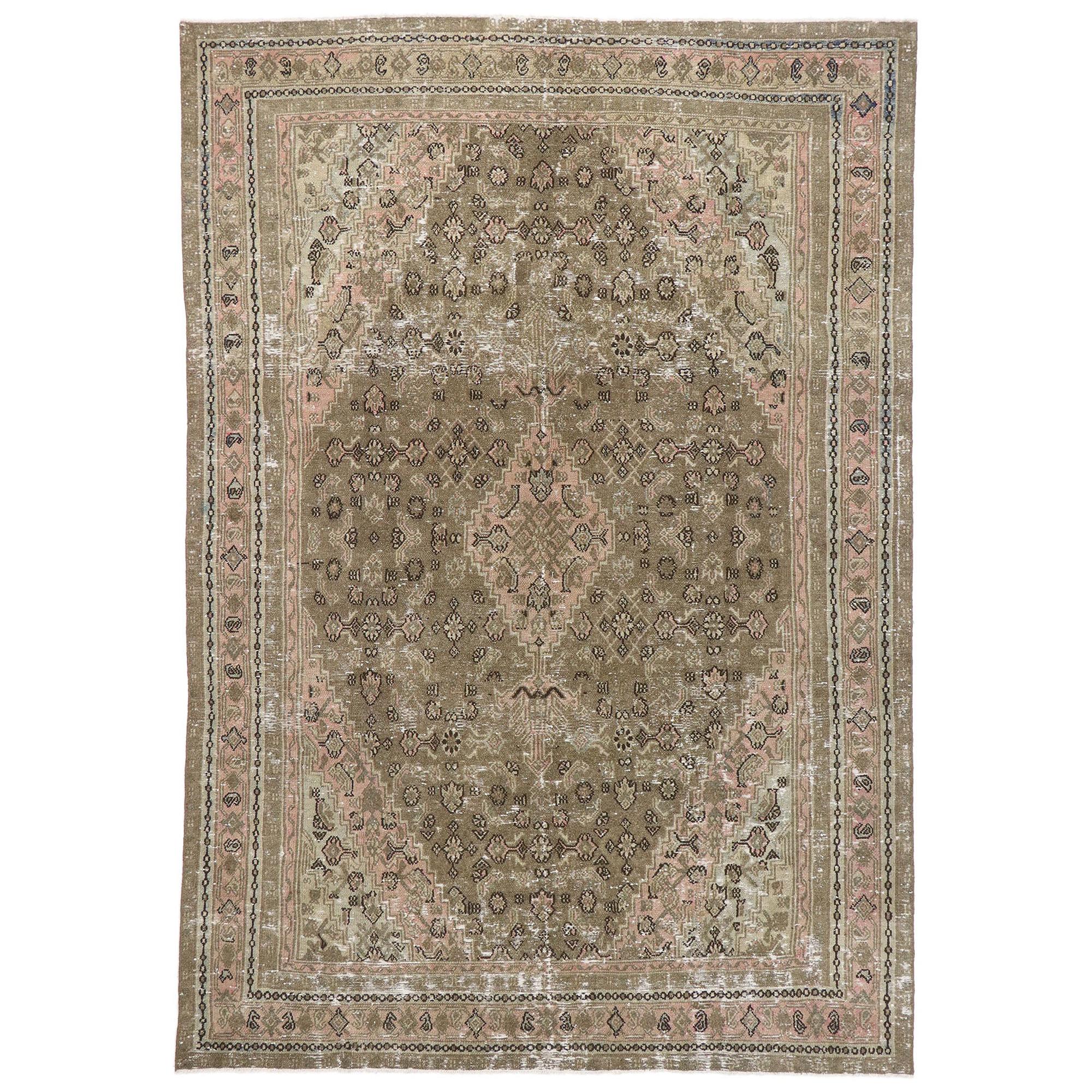 Distressed Antique Persian Joshegan Rug with Rustic Arts & Crafts Style For Sale