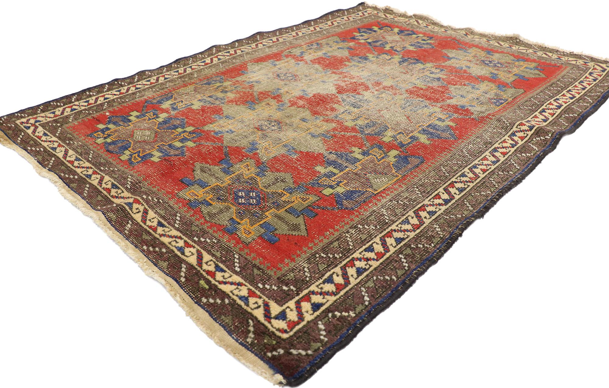 78003 Distressed Antique Persian Karabakh rug with Modern Rustic Style 03'08 x 05'01. Emanating sophistication and nomadic charm with rustic sensibility, this hand knotted wool distressed antique Persian Karabakh rug beautifully embodies a modern
