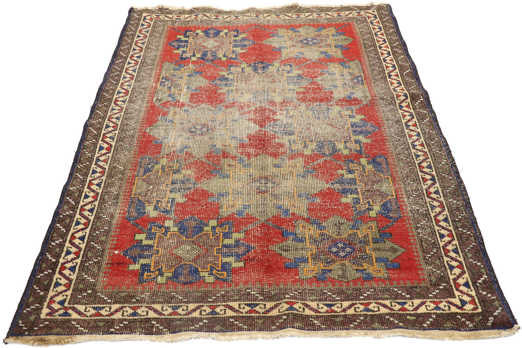 Tribal Distressed Antique Persian Karabakh Rug with Modern Rustic Style For Sale