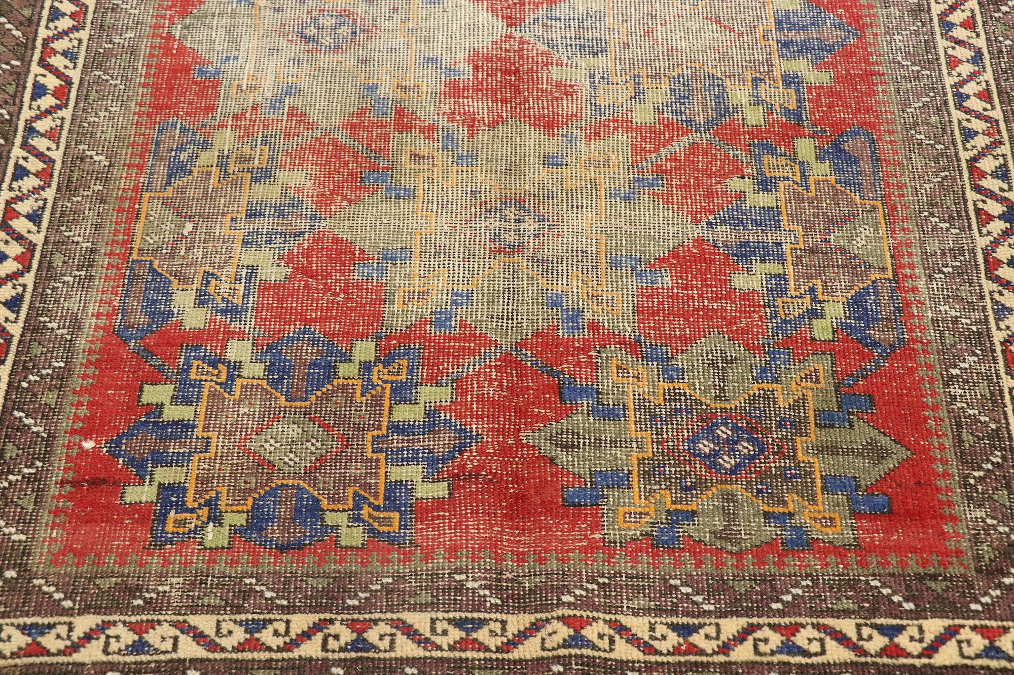Hand-Knotted Distressed Antique Persian Karabakh Rug with Modern Rustic Style For Sale