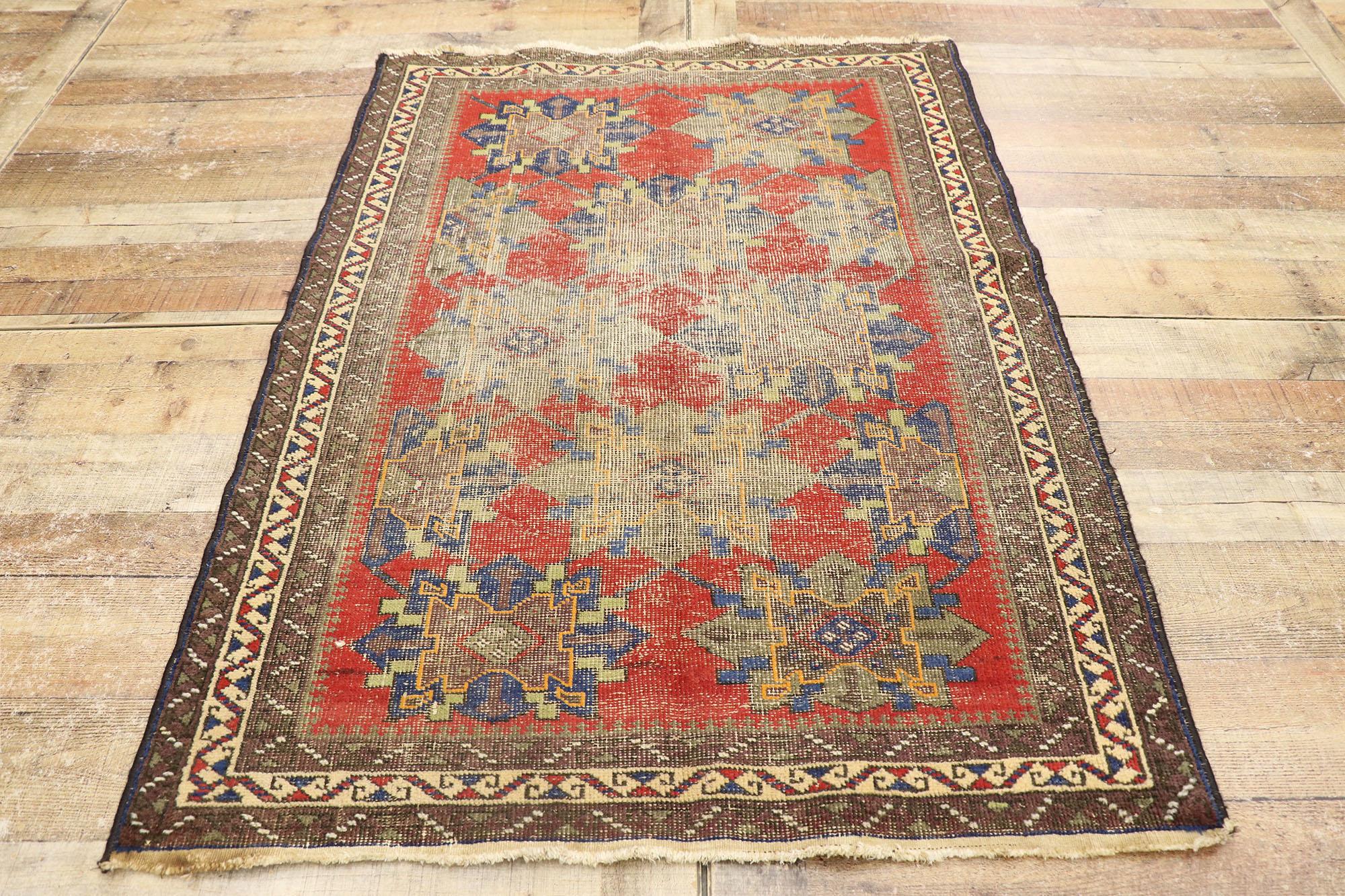 Wool Distressed Antique Persian Karabakh Rug with Modern Rustic Style For Sale