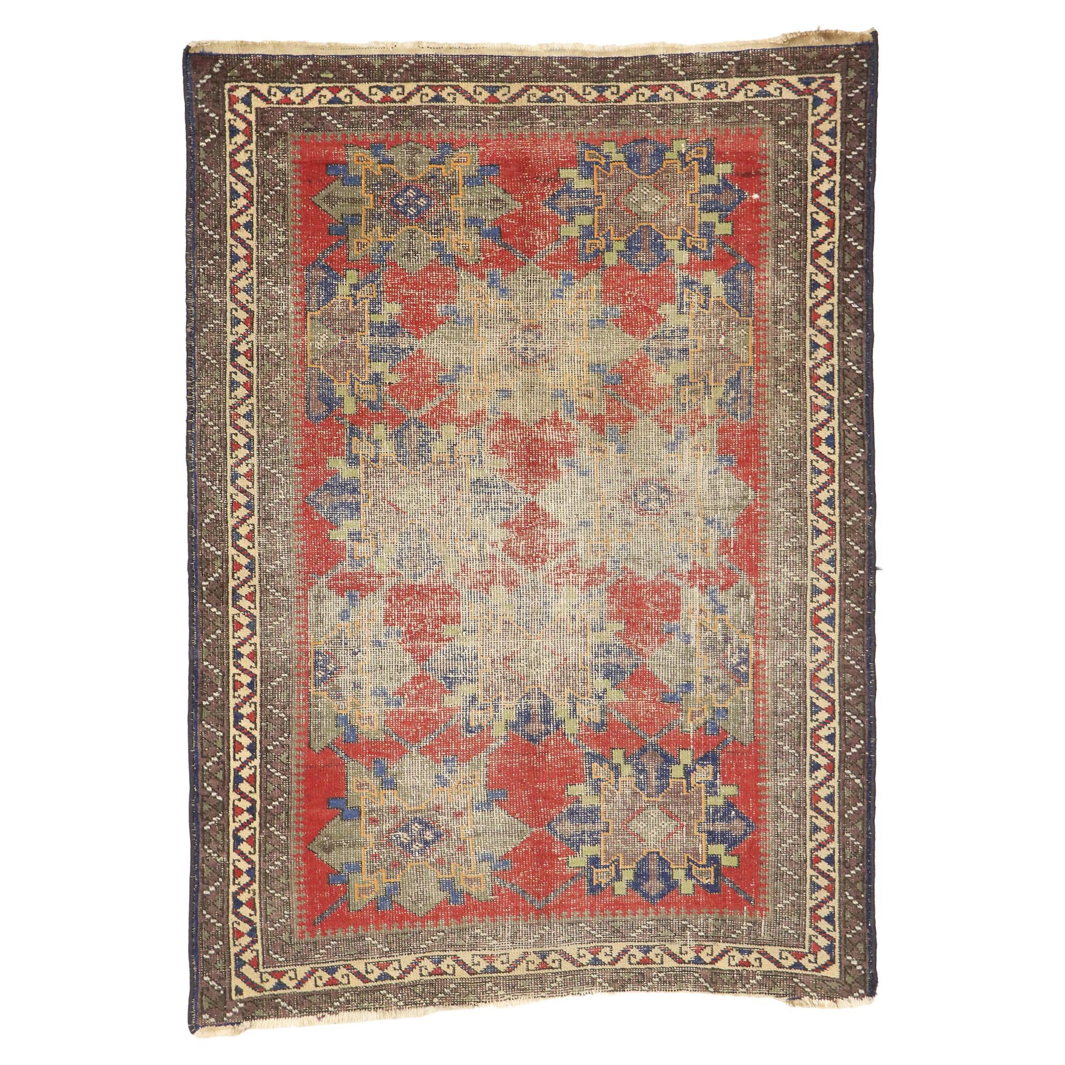 Distressed Antique Persian Karabakh Rug with Modern Rustic Style For Sale