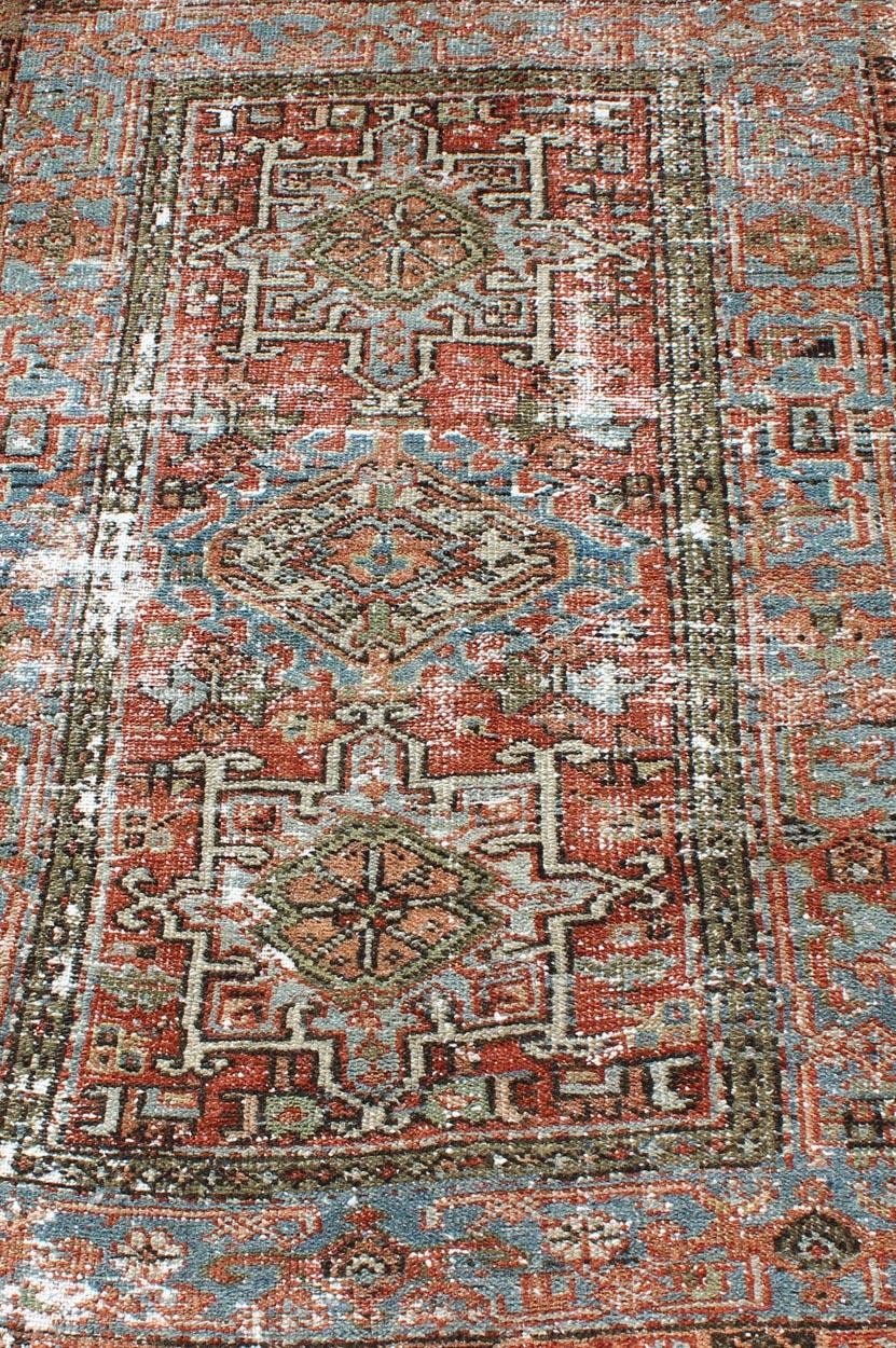 Distressed Antique Persian Karadjeh Rug with Geometric Medallions and Accents For Sale 3