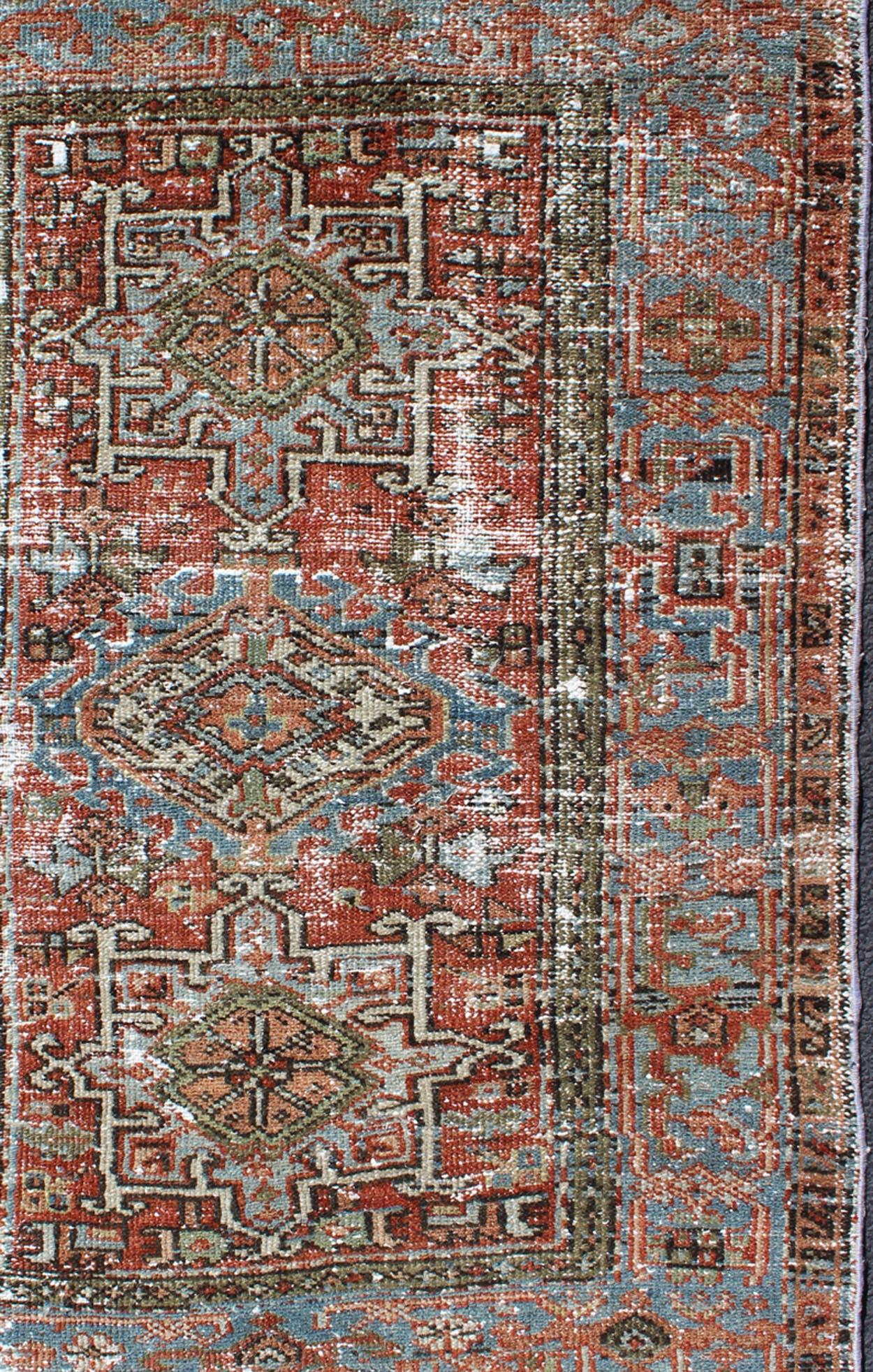 Hand-Knotted Distressed Antique Persian Karadjeh Rug with Geometric Medallions and Accents For Sale