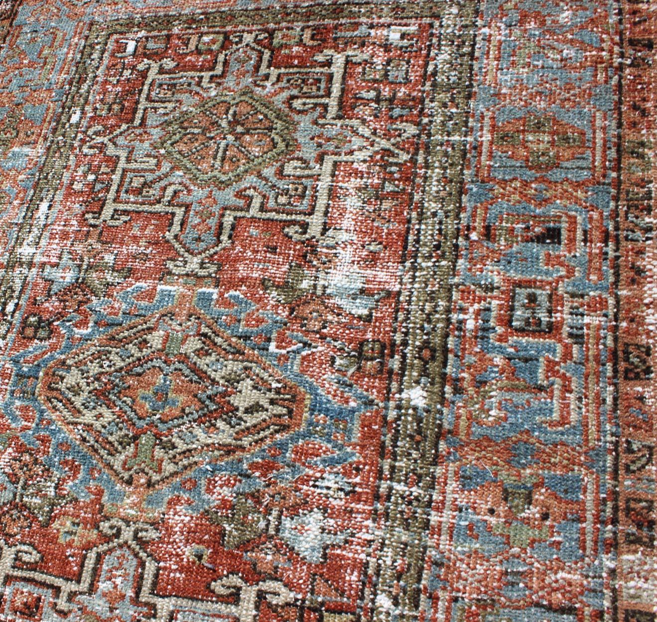 Distressed Antique Persian Karadjeh Rug with Geometric Medallions and Accents For Sale 2